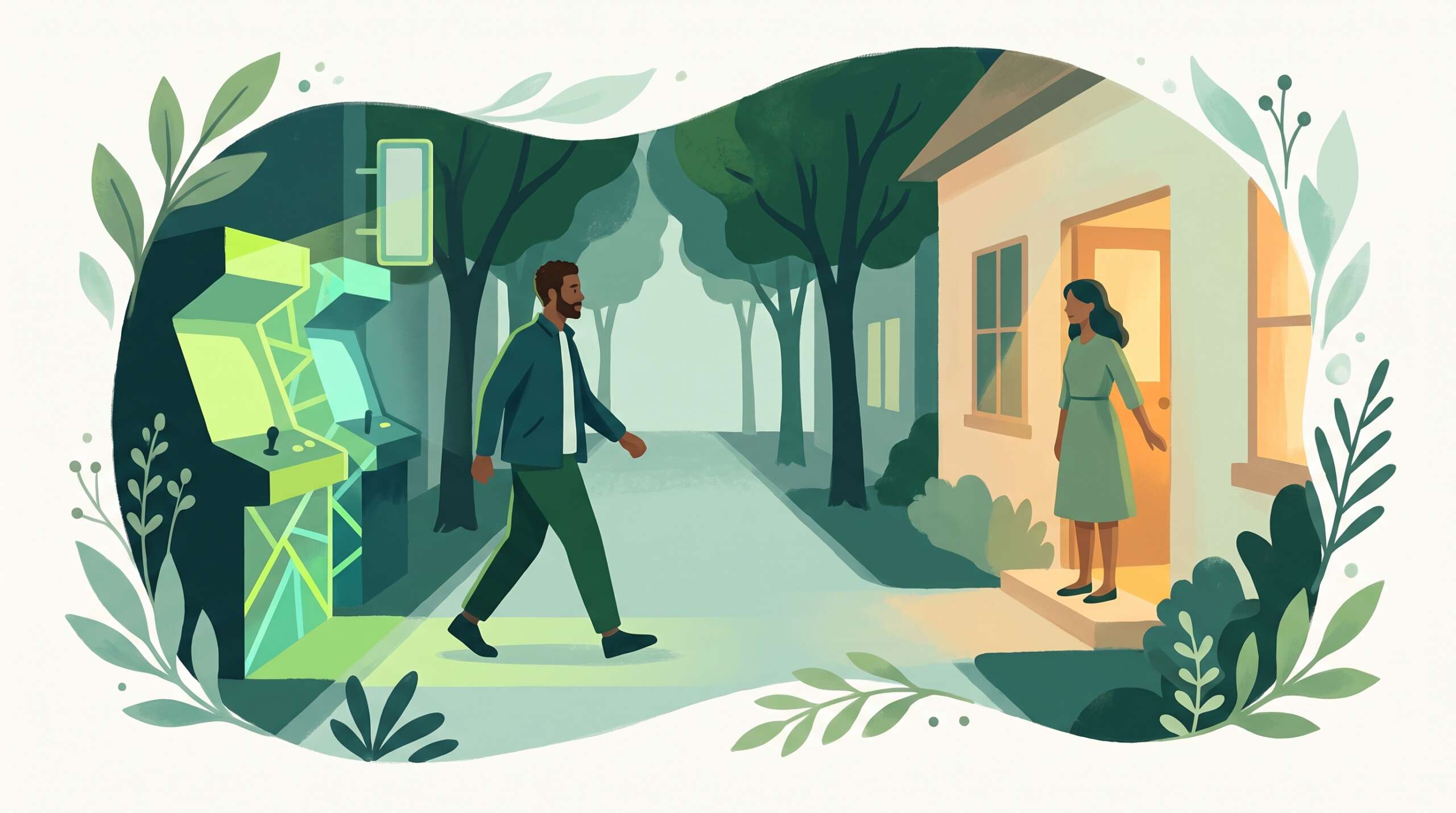 A man walking past a glittering arcade toward a warm home — high desire aimed at the real thing