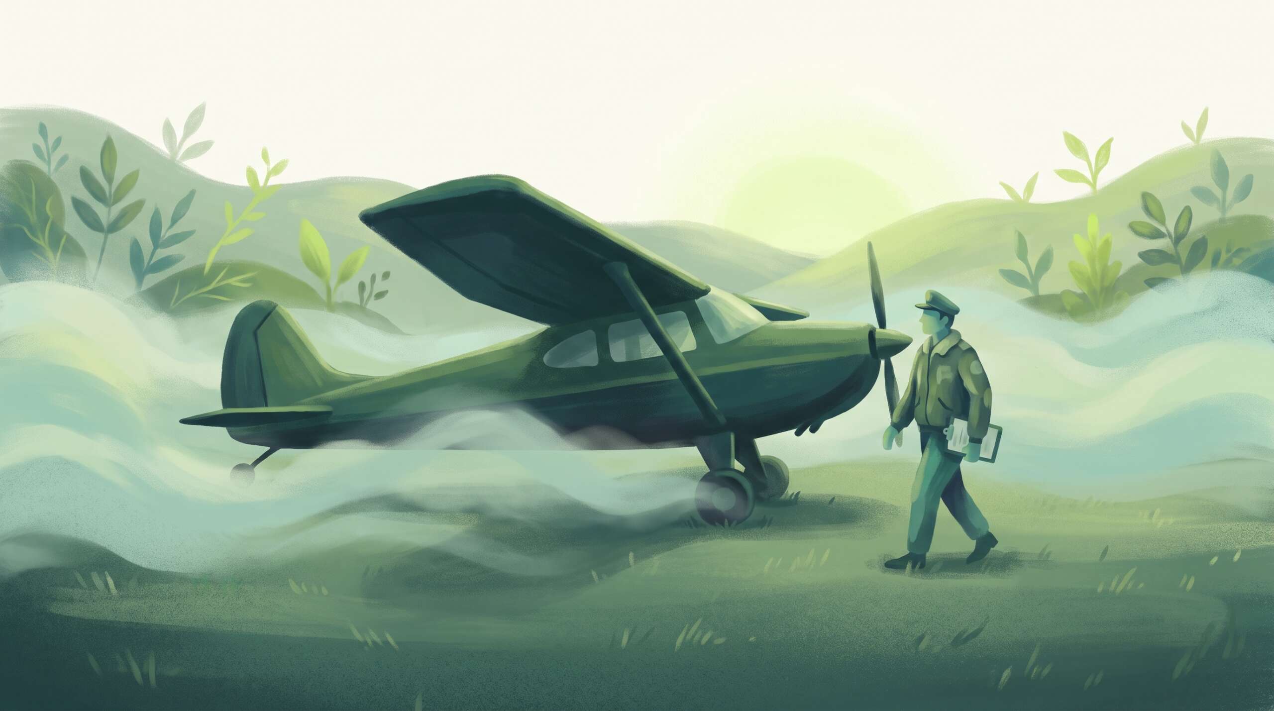 A pilot doing a careful preflight walk-around of a small plane at dawn — stewarding the machine, flying the mission