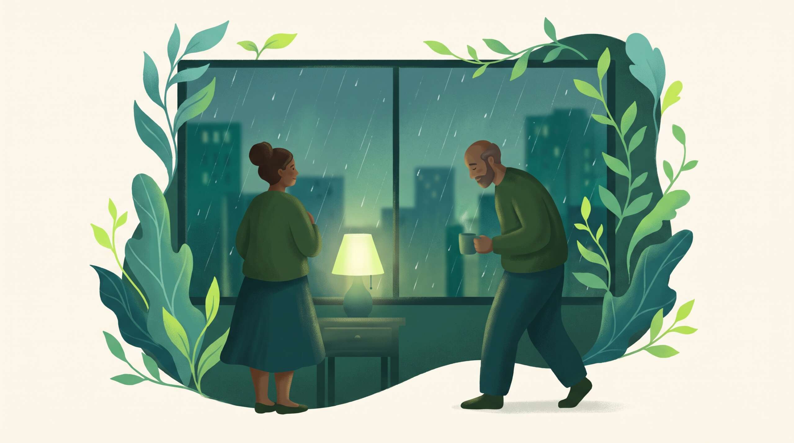 A wife by a window and her husband approaching with honest posture — betrayal and the beginning of safety