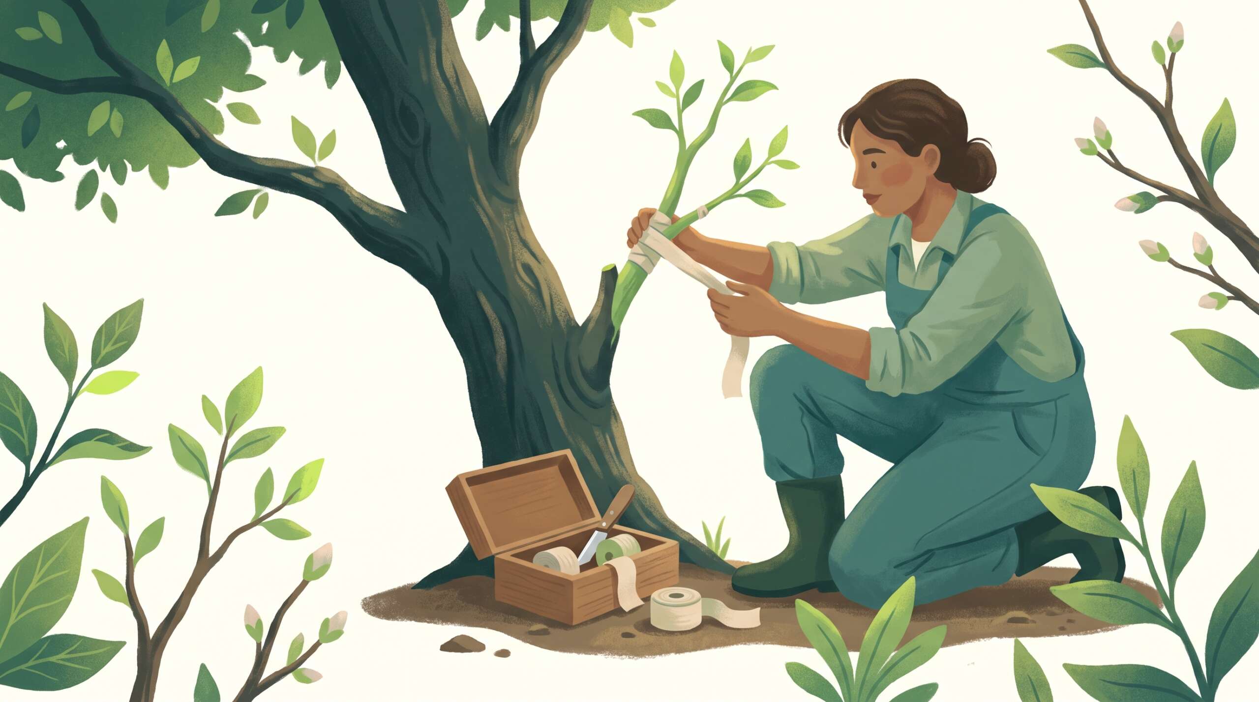 A gardener grafting a young branch onto a mature tree — means of grace rewiring what was bent