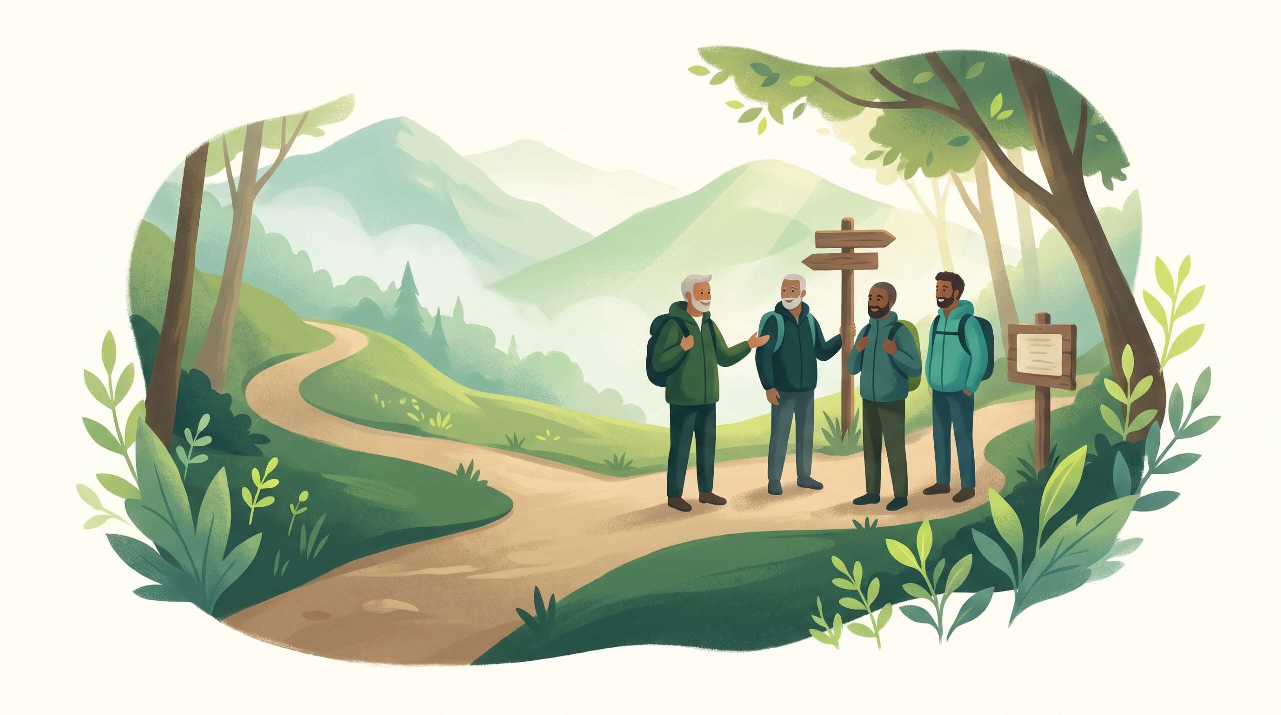 Many paths converging on a mountain trailhead where a group gathers — the landscape of recovery models