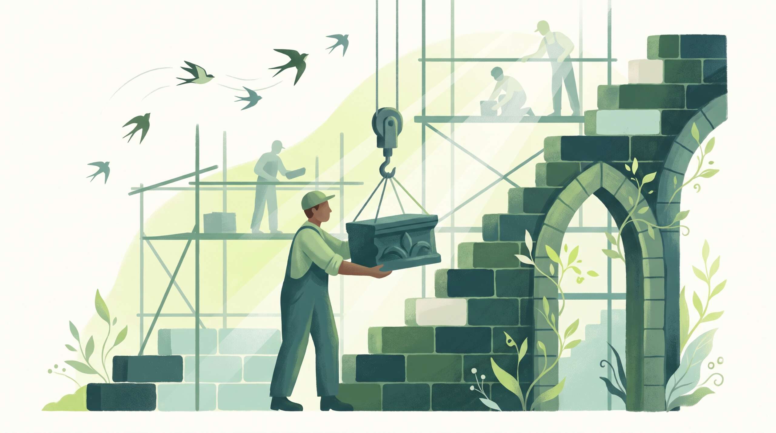 A stonemason placing a block on a rising cathedral wall in morning light — the long obedience of building