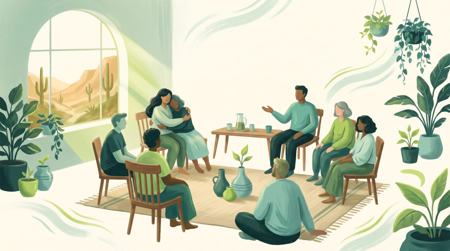 A supportive group meeting in a warm desert-southwest setting