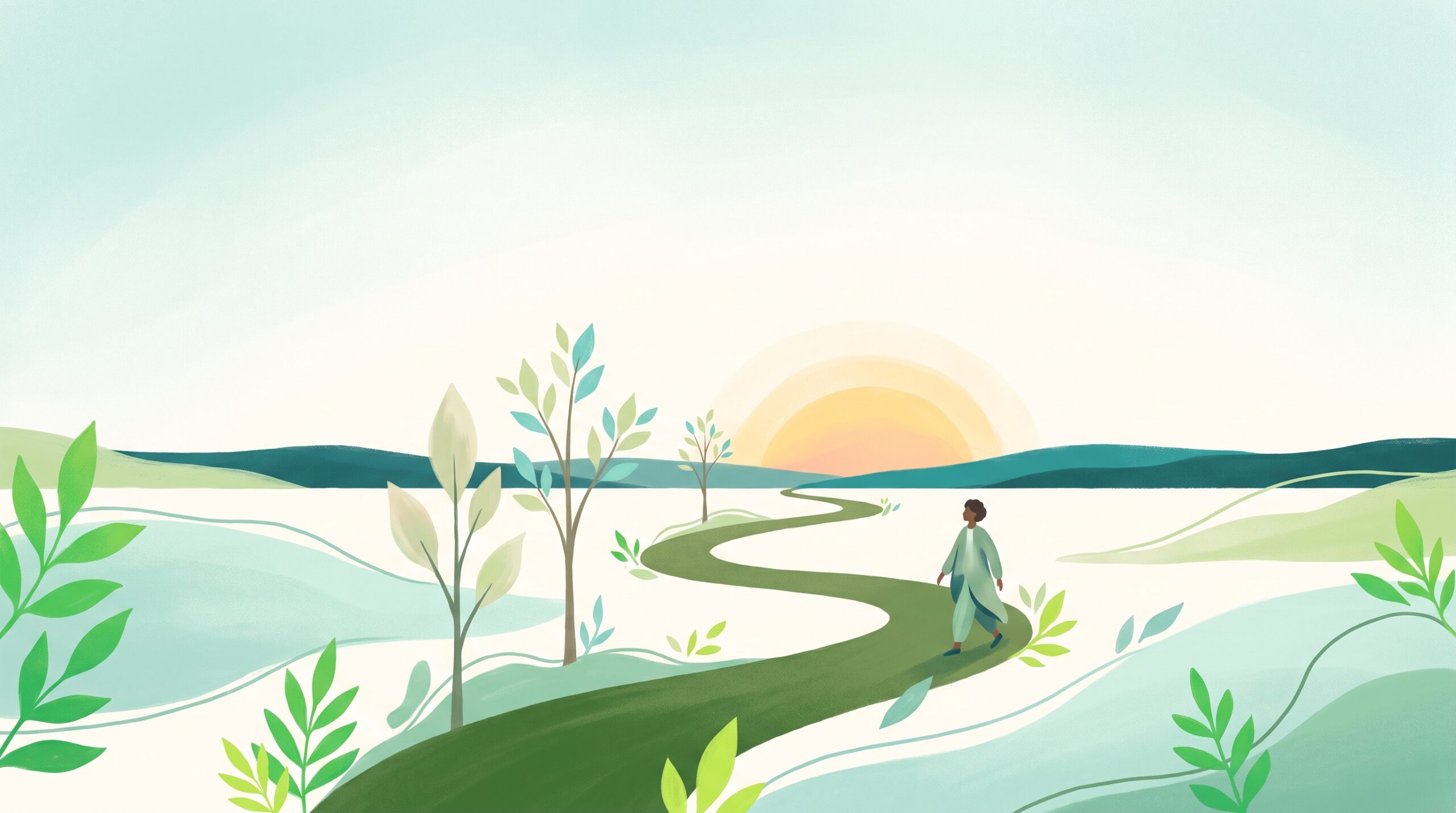 A winding path through green hills at sunrise, symbolizing the journey toward a restored life