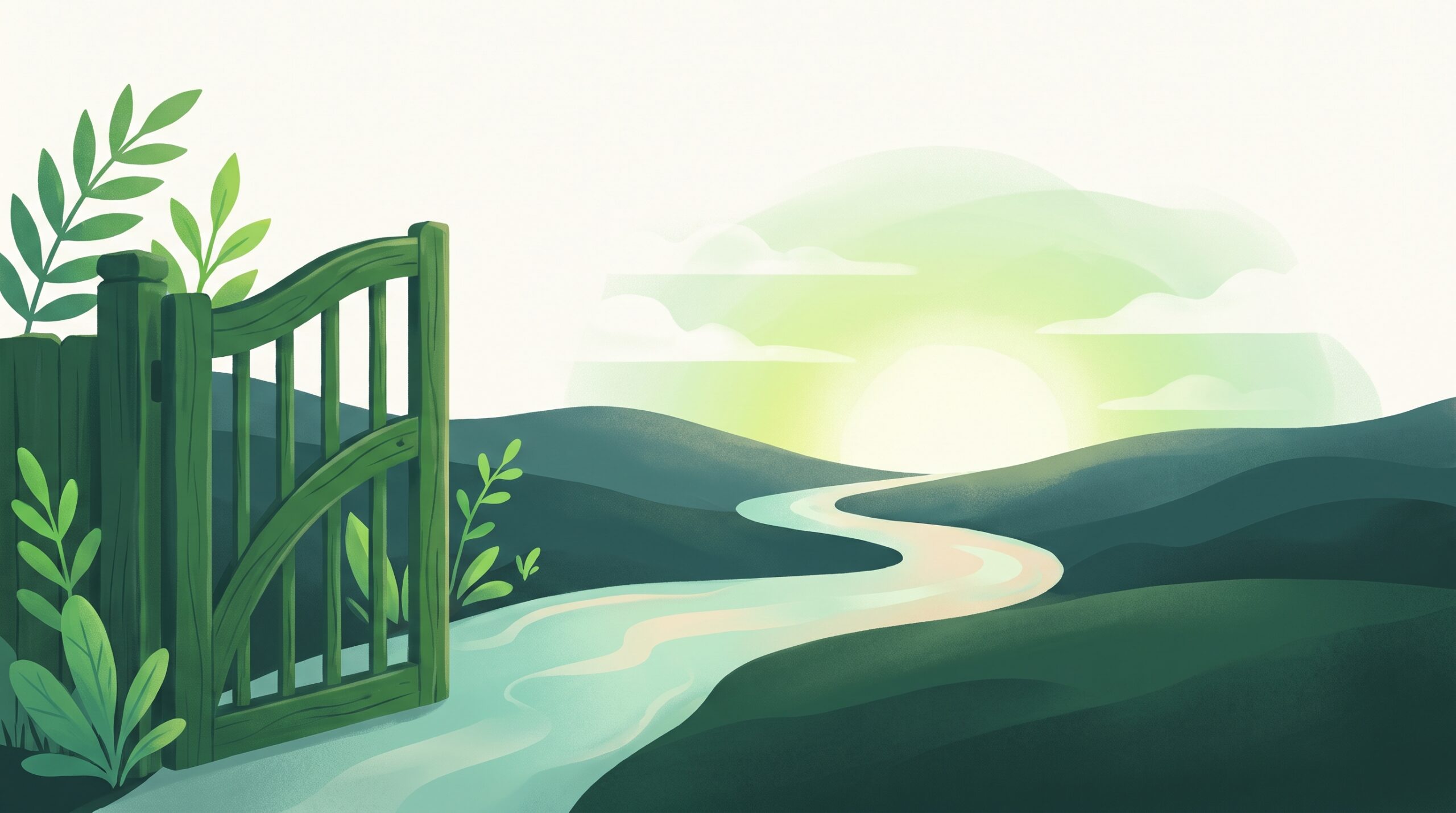 A sunrise over a path with an open gate