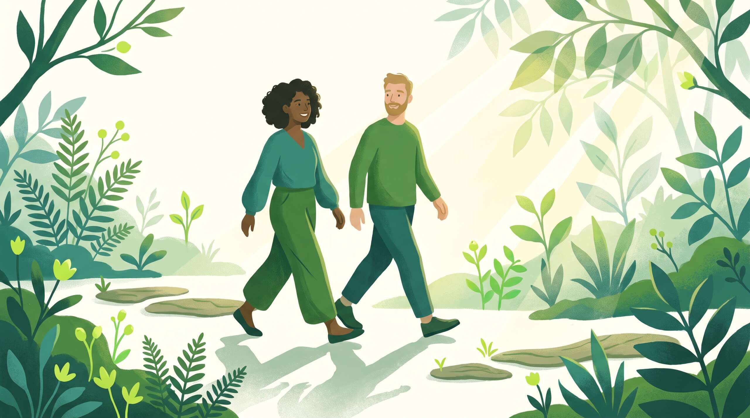 A couple walking side by side through a restored garden — moving forward after being heard