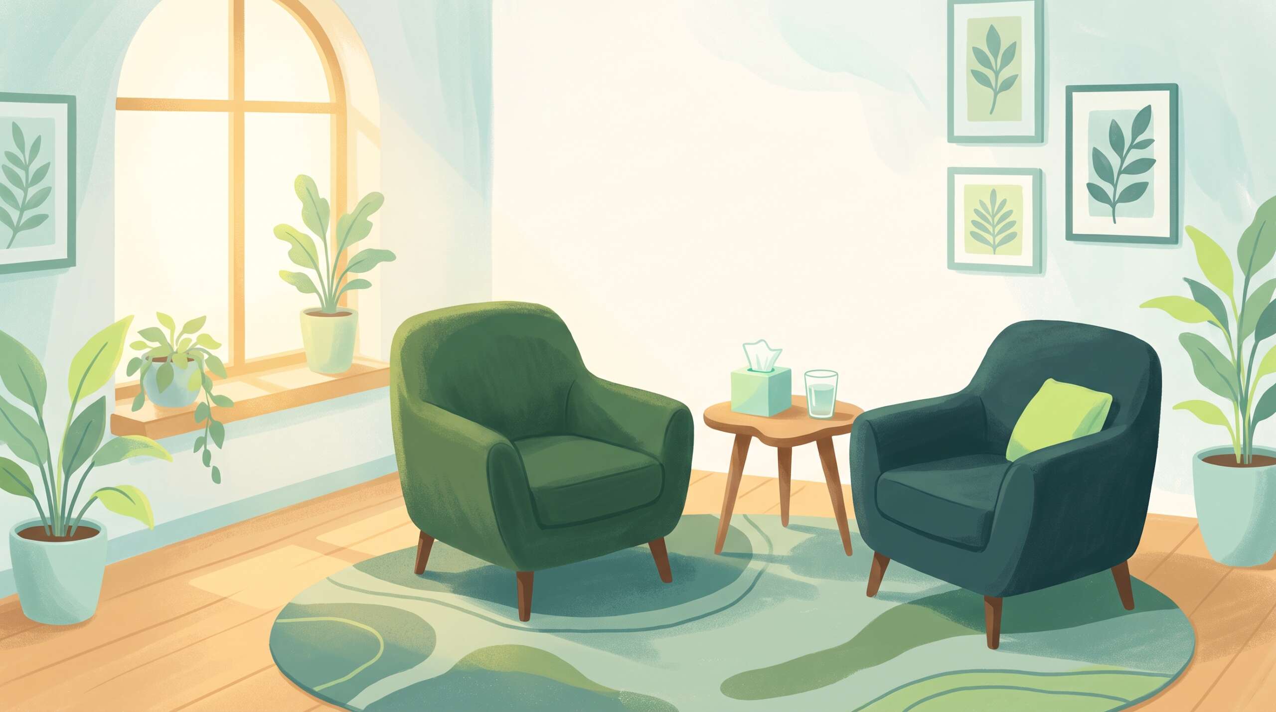 A warm counseling room with two chairs angled toward each other — ready to be fully heard