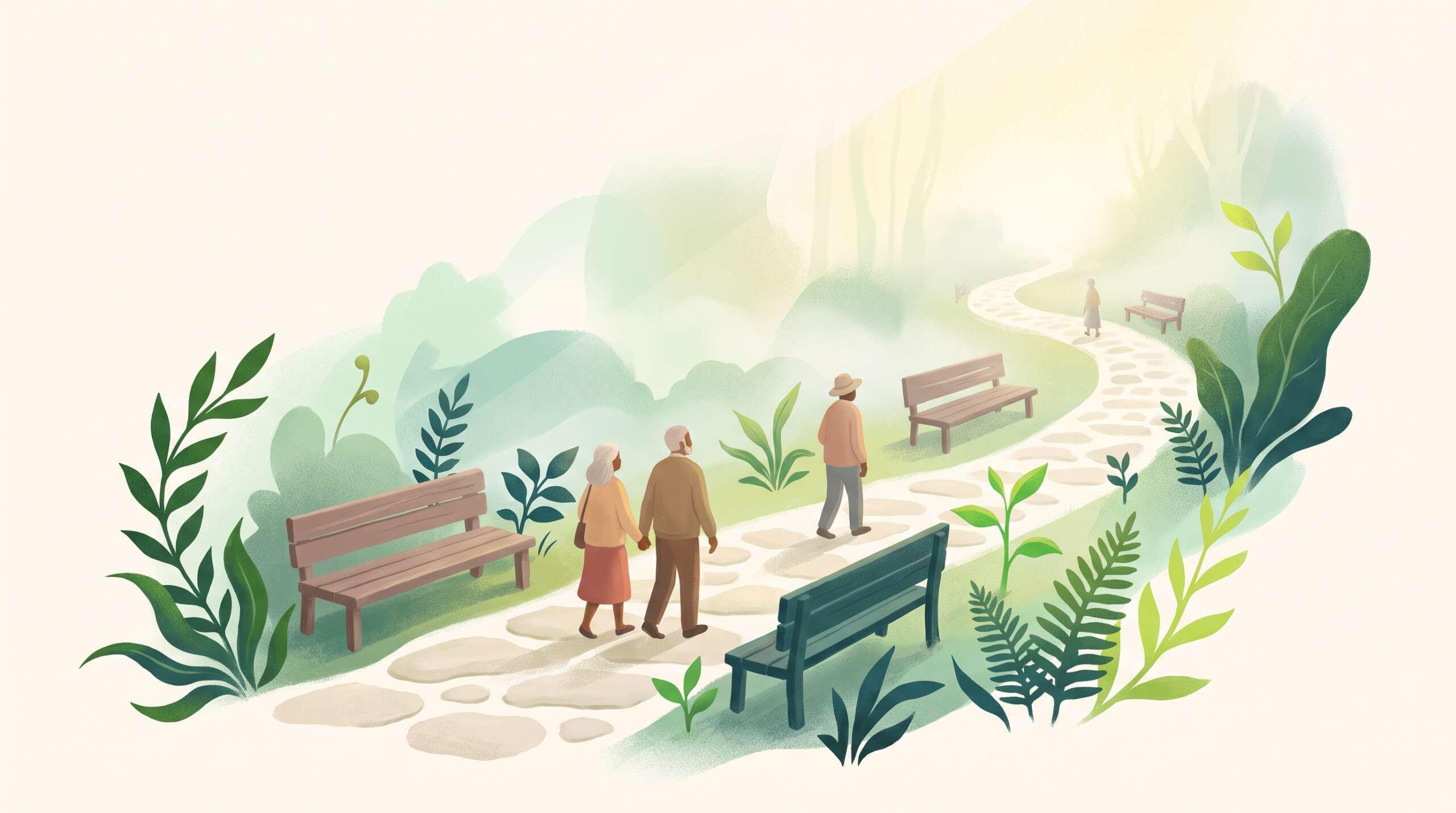 A long garden path with gentle bends disappearing into morning mist — betrayal recovery takes the time it takes