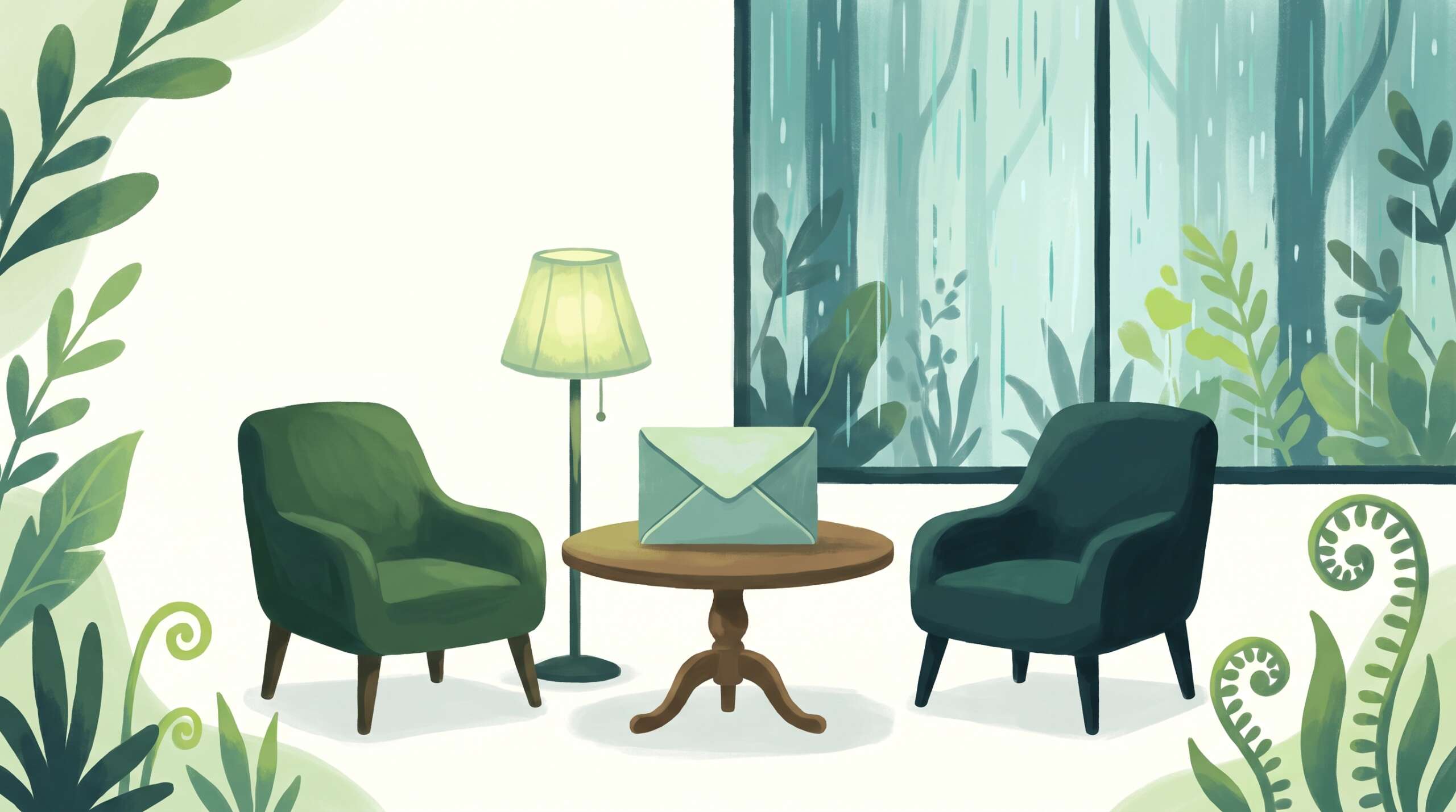 A sealed letter on a table between two chairs in soft lamplight — the letter is read with support, not alone