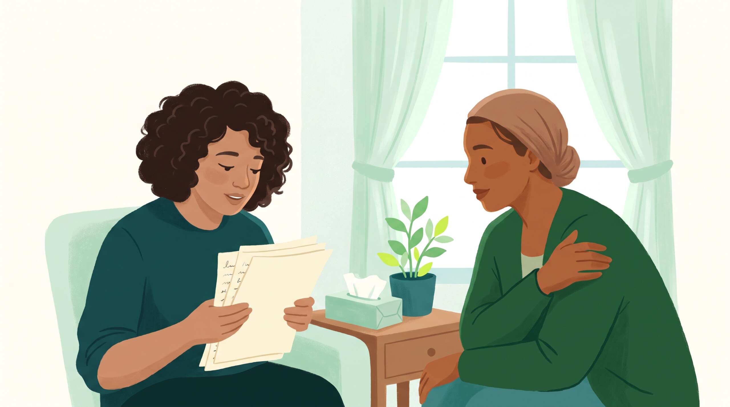 A person reading aloud from handwritten pages while another listens with compassion, held