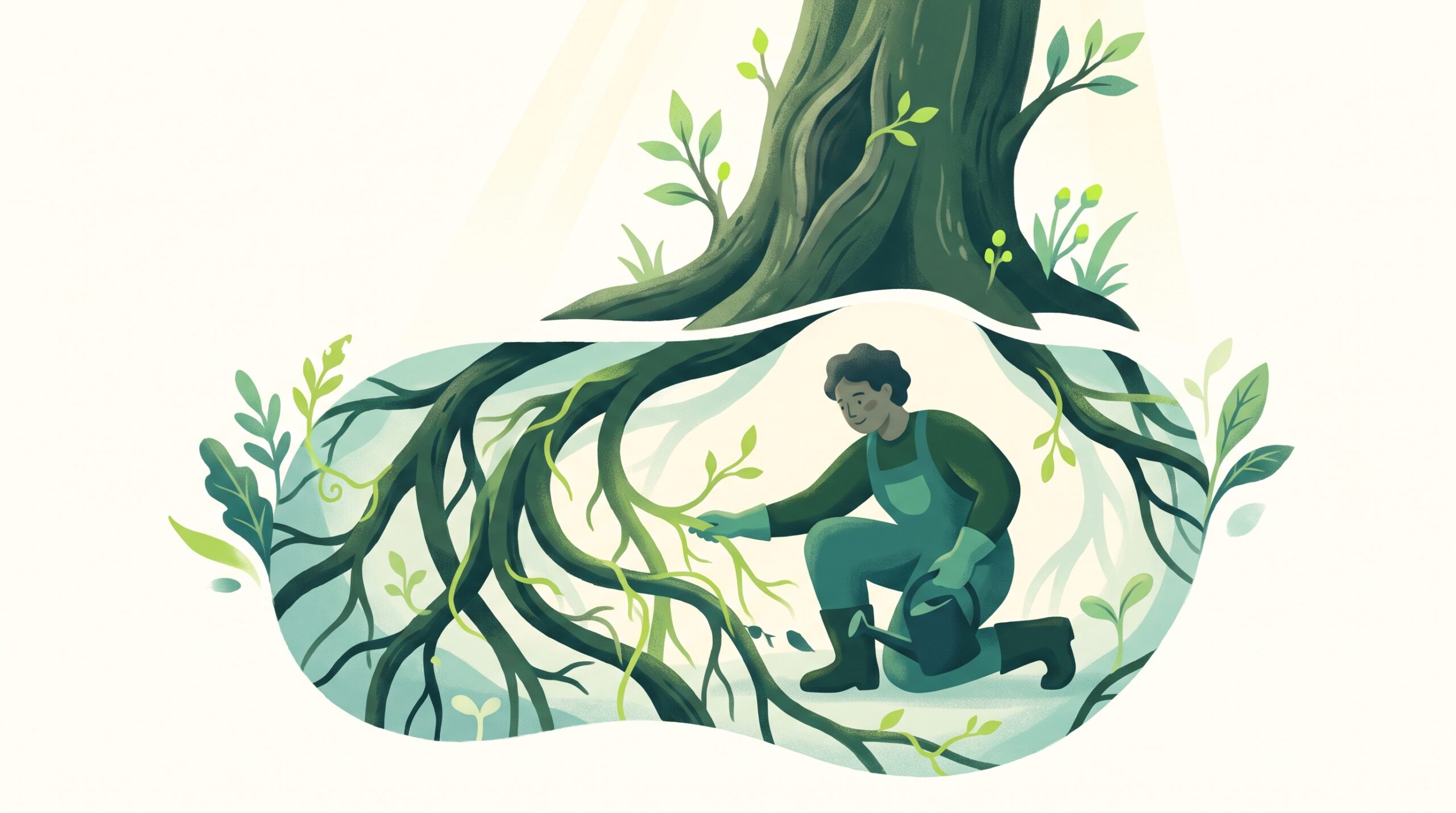 A deeper root system beneath a wounded tree being tended