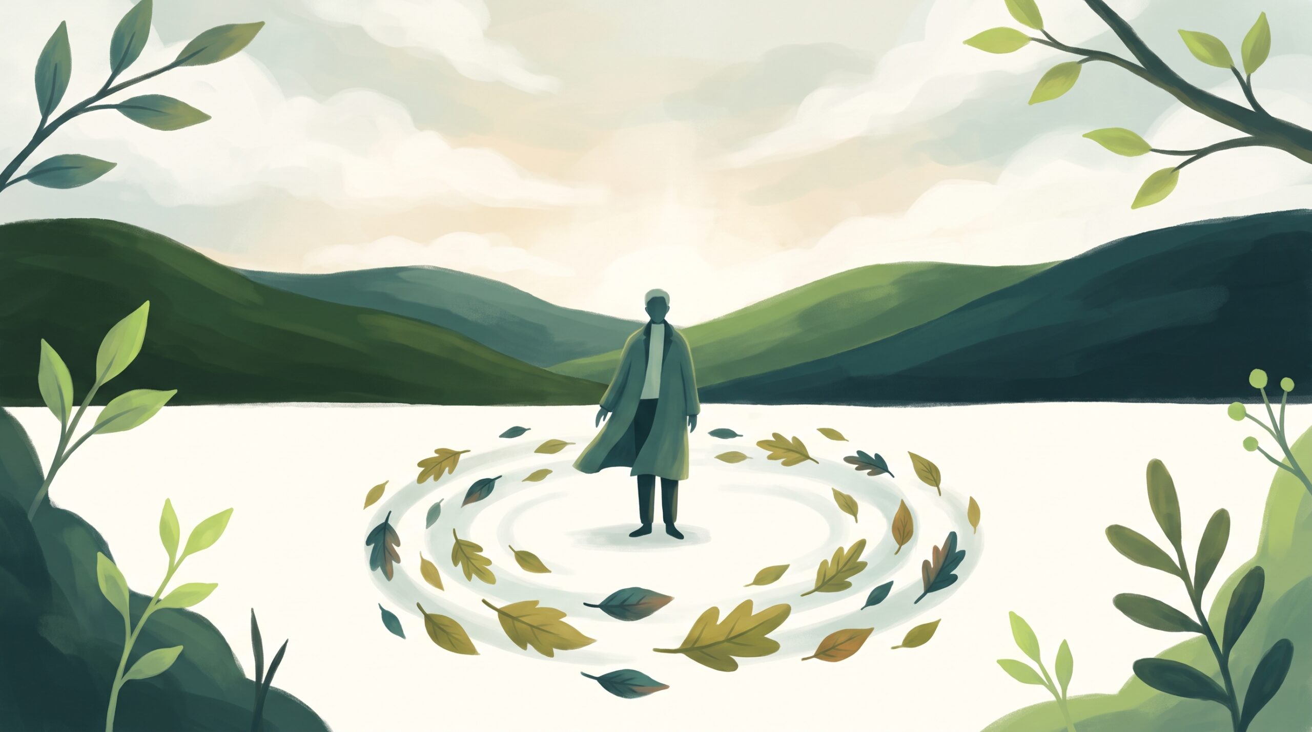 A person standing steady amid fallen leaves as dawn comes