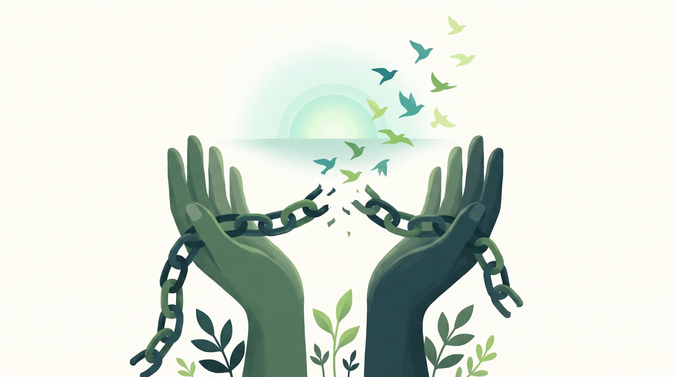 A heavy chain released, becoming birds at sunrise