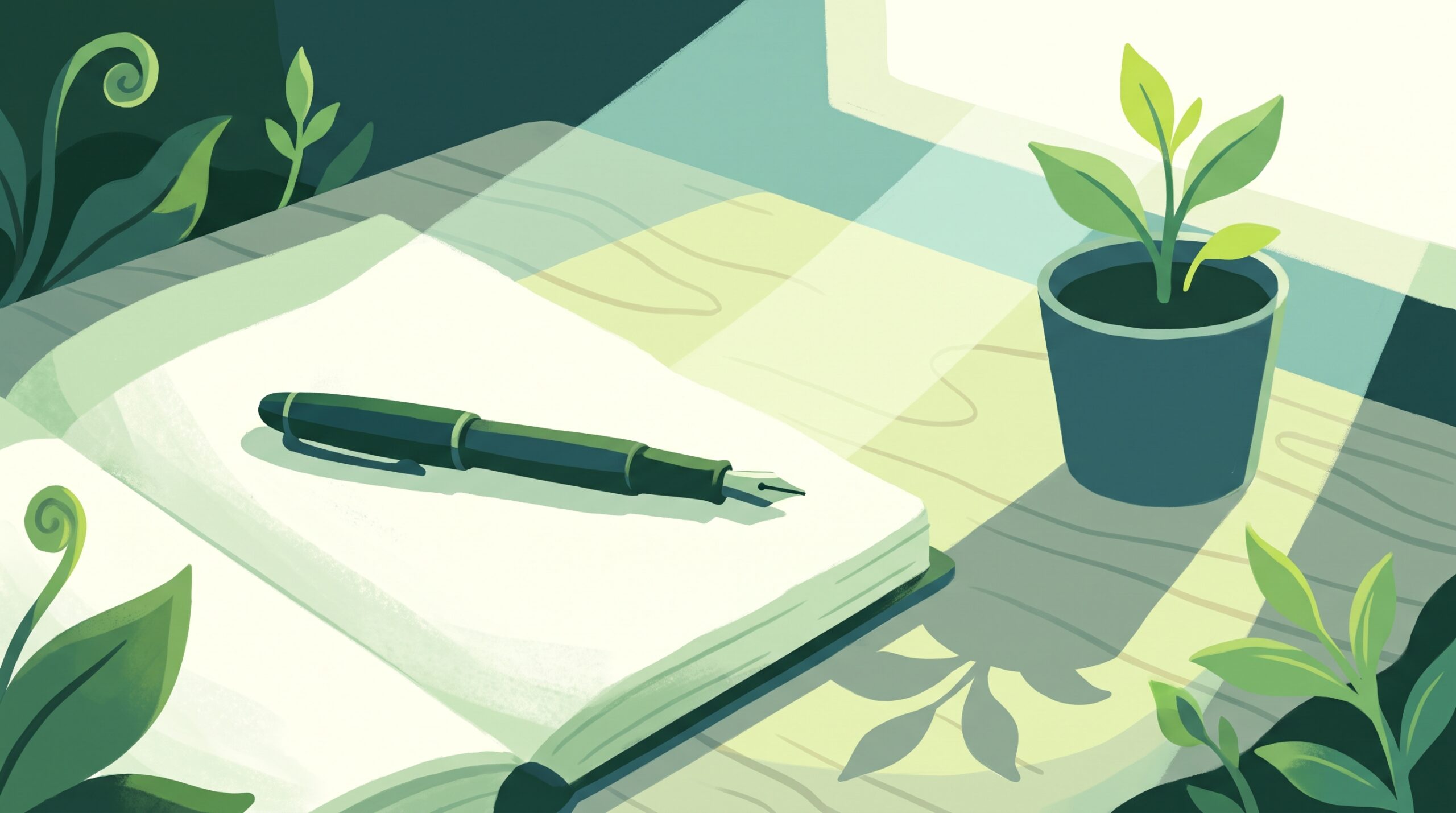 A pen resting on a blank page at sunrise