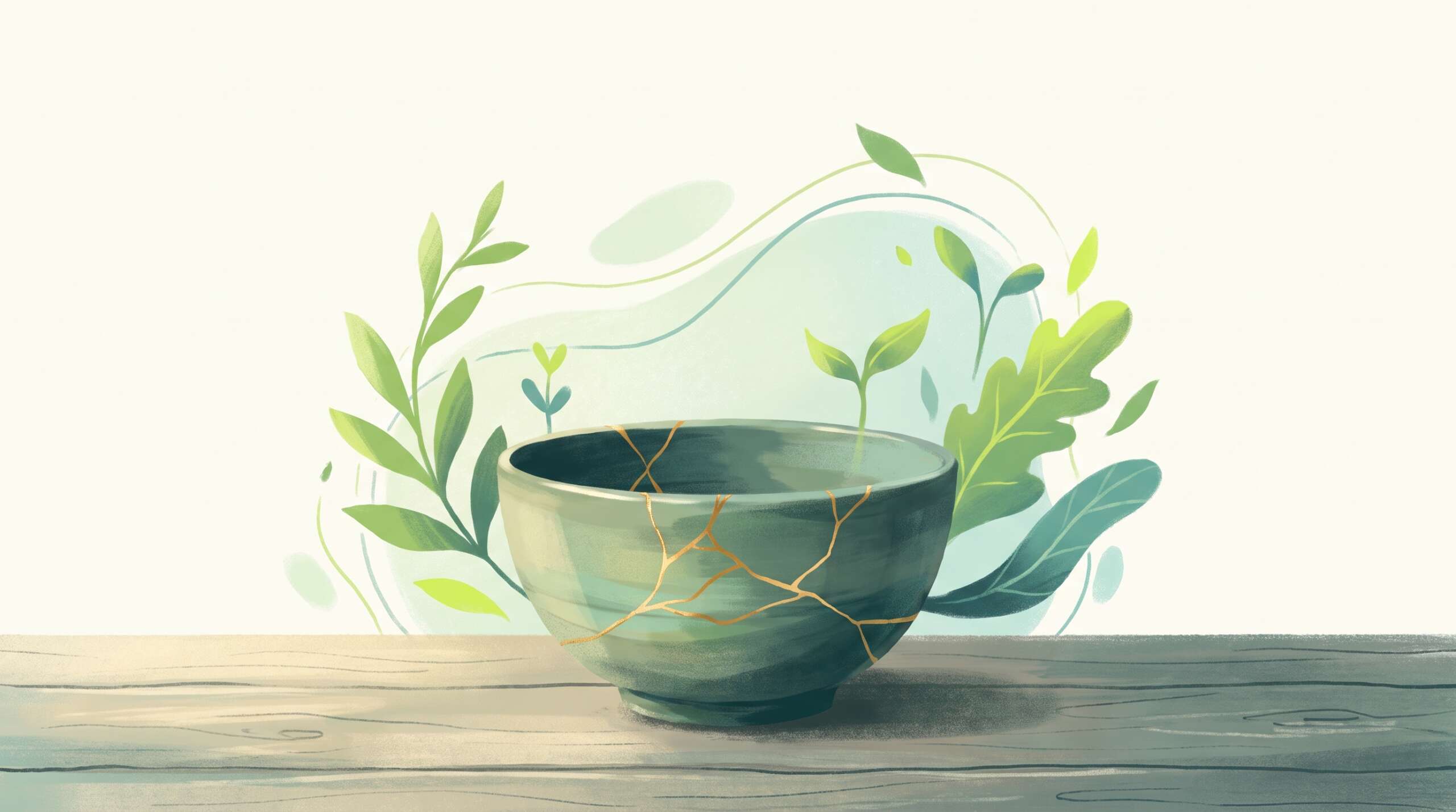 A cracked ceramic bowl mended with gold in the kintsugi style resting on warm wood, broken