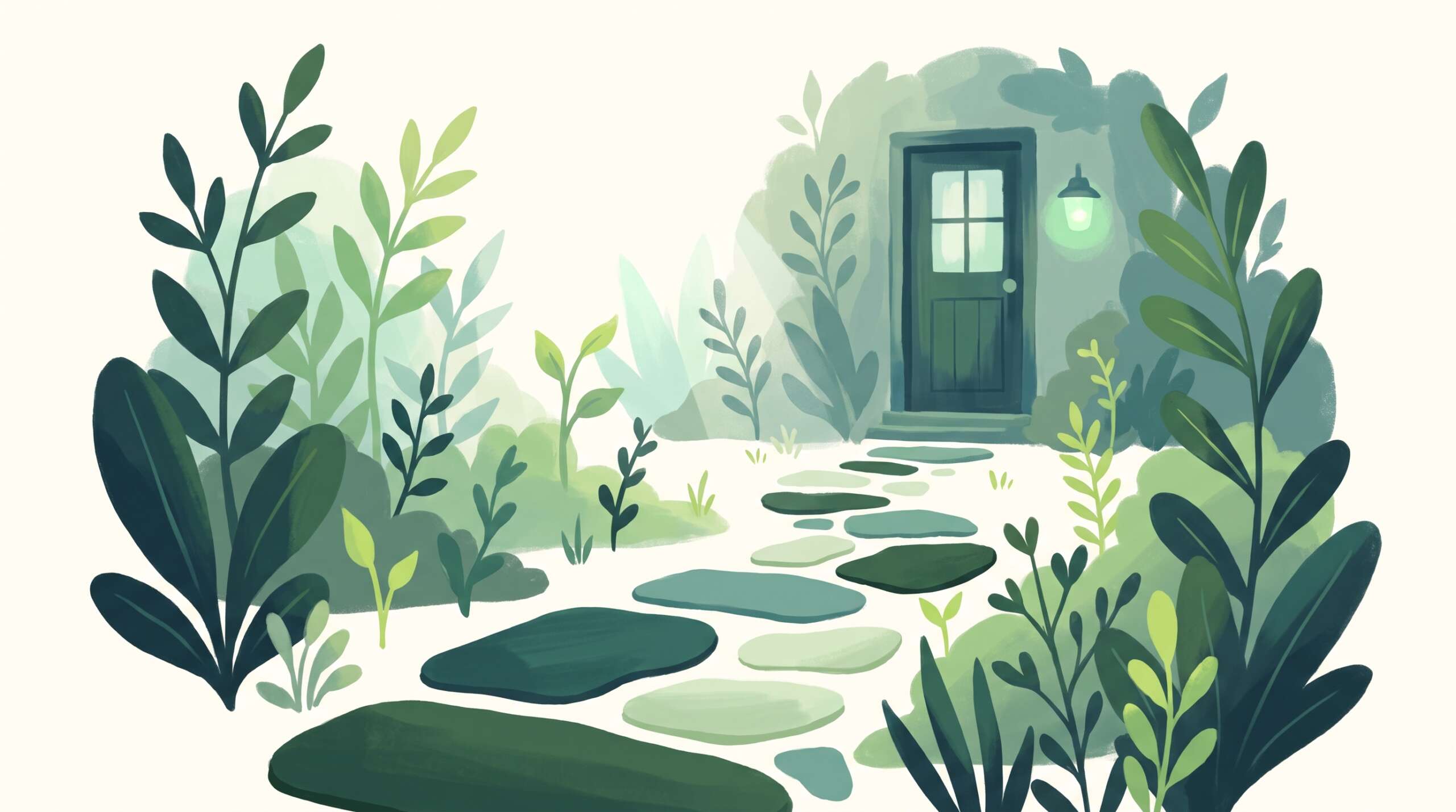 A clear stepping-stone path to a counseling office door in morning light — next steps