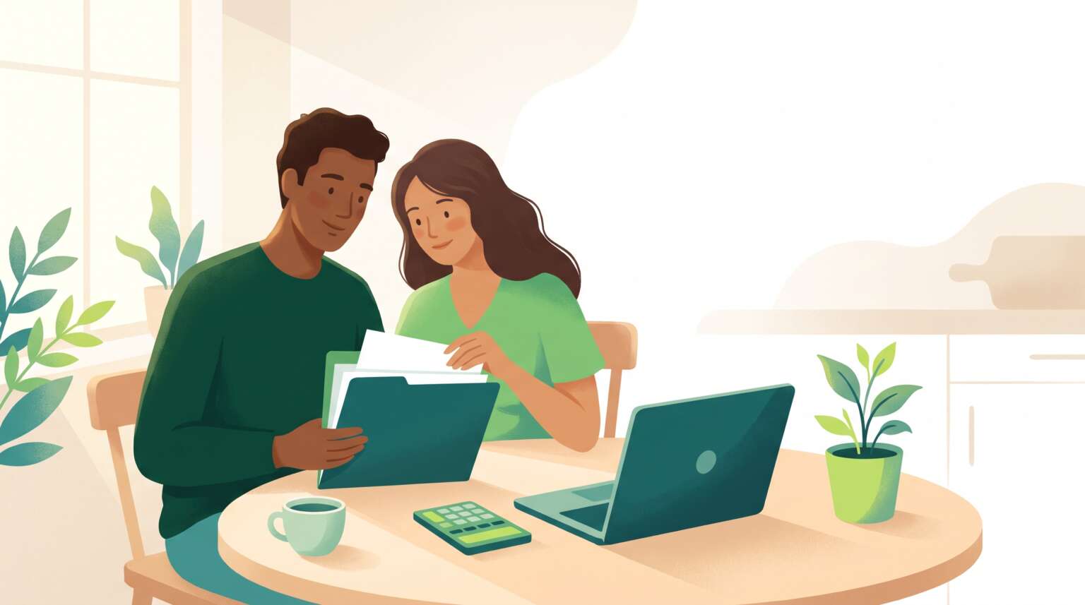 A couple at a kitchen table calmly organizing insurance paperwork with a laptop and calculator — getting the most out of insurance