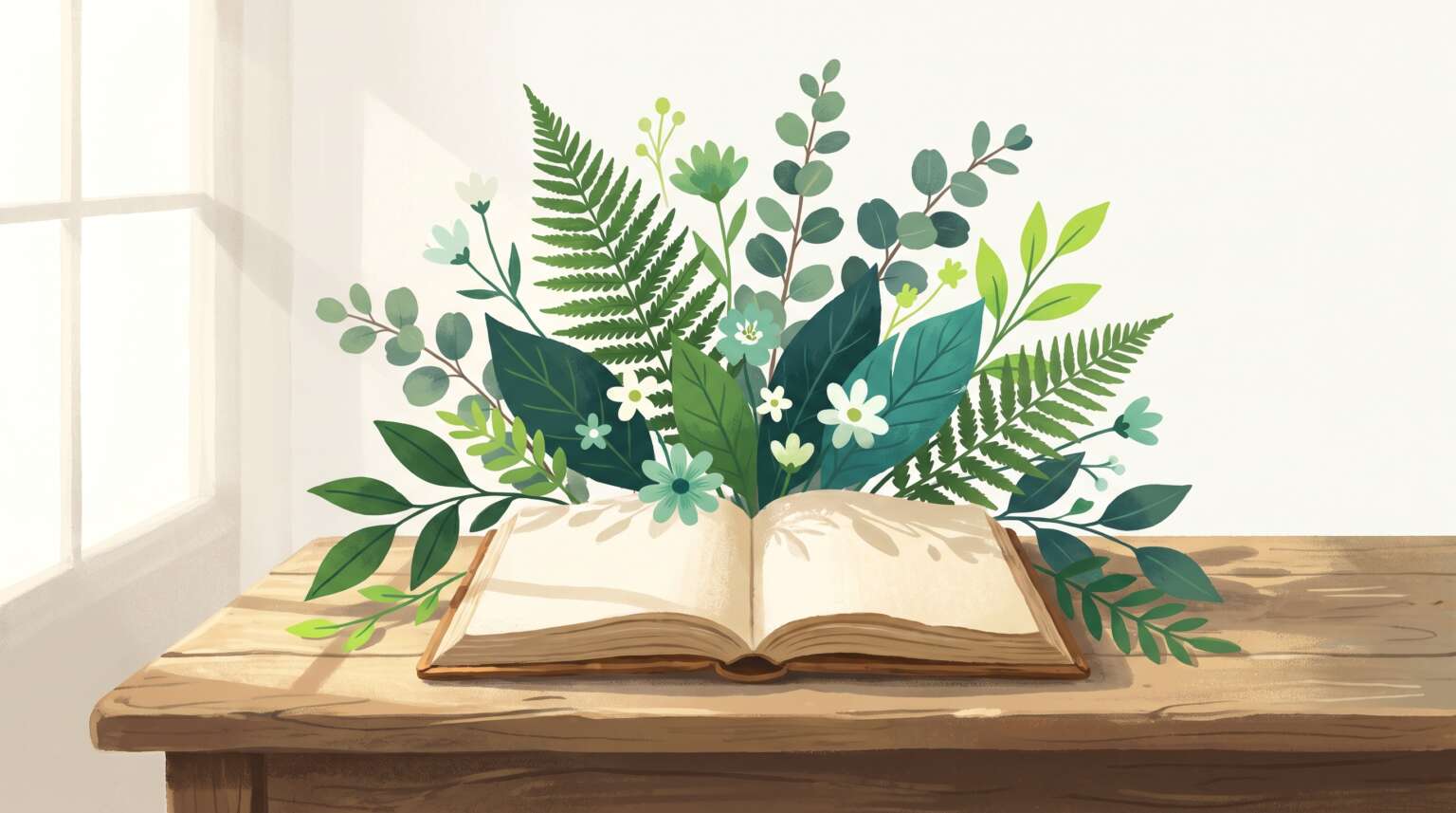 An open journal on a wooden desk with a garden of leaves and small flowers growing up out of its pages, morning light
