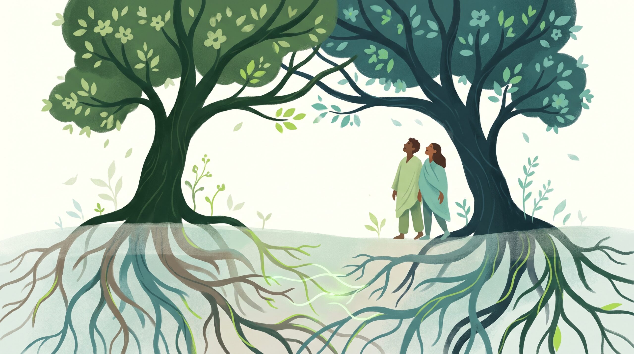 Roots beneath two trees shaping how they lean