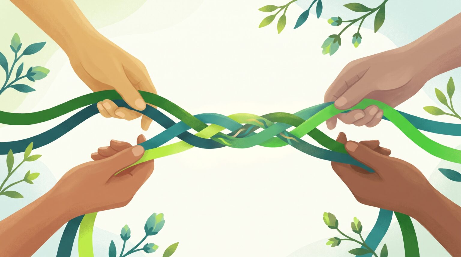 Five colored ribbons weaving into one strong cord