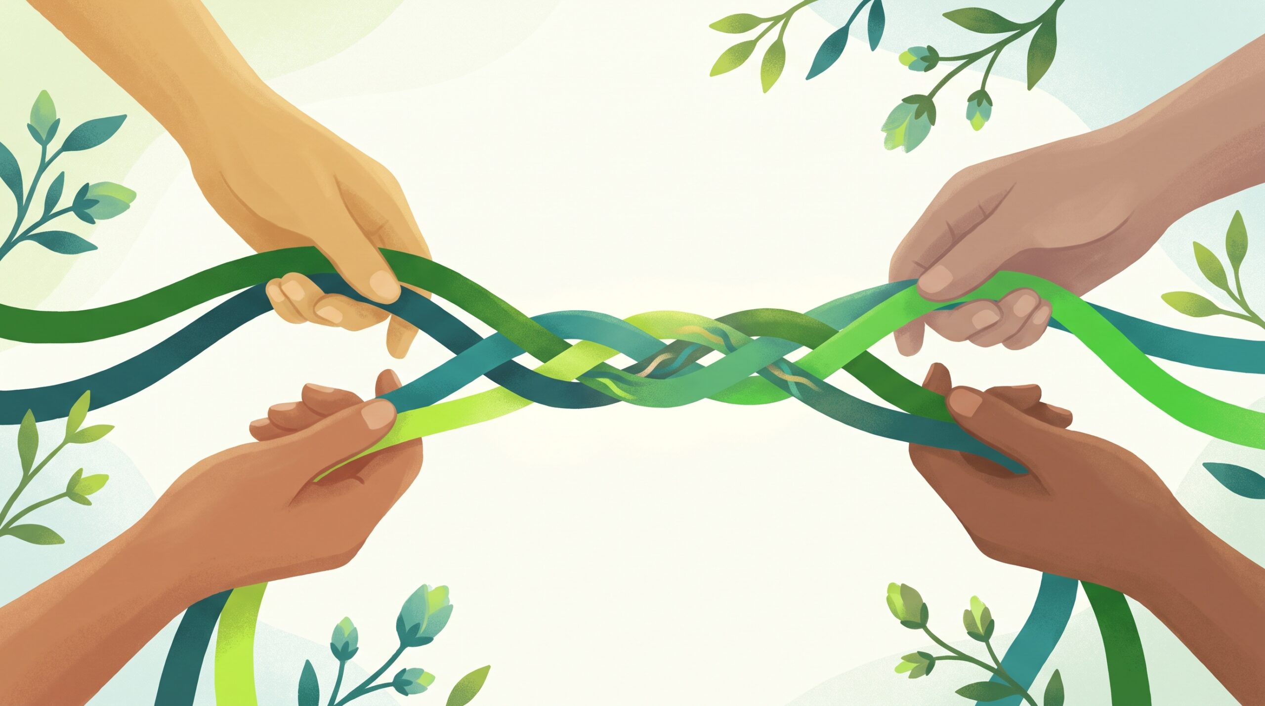 Five colored ribbons weaving into one strong cord