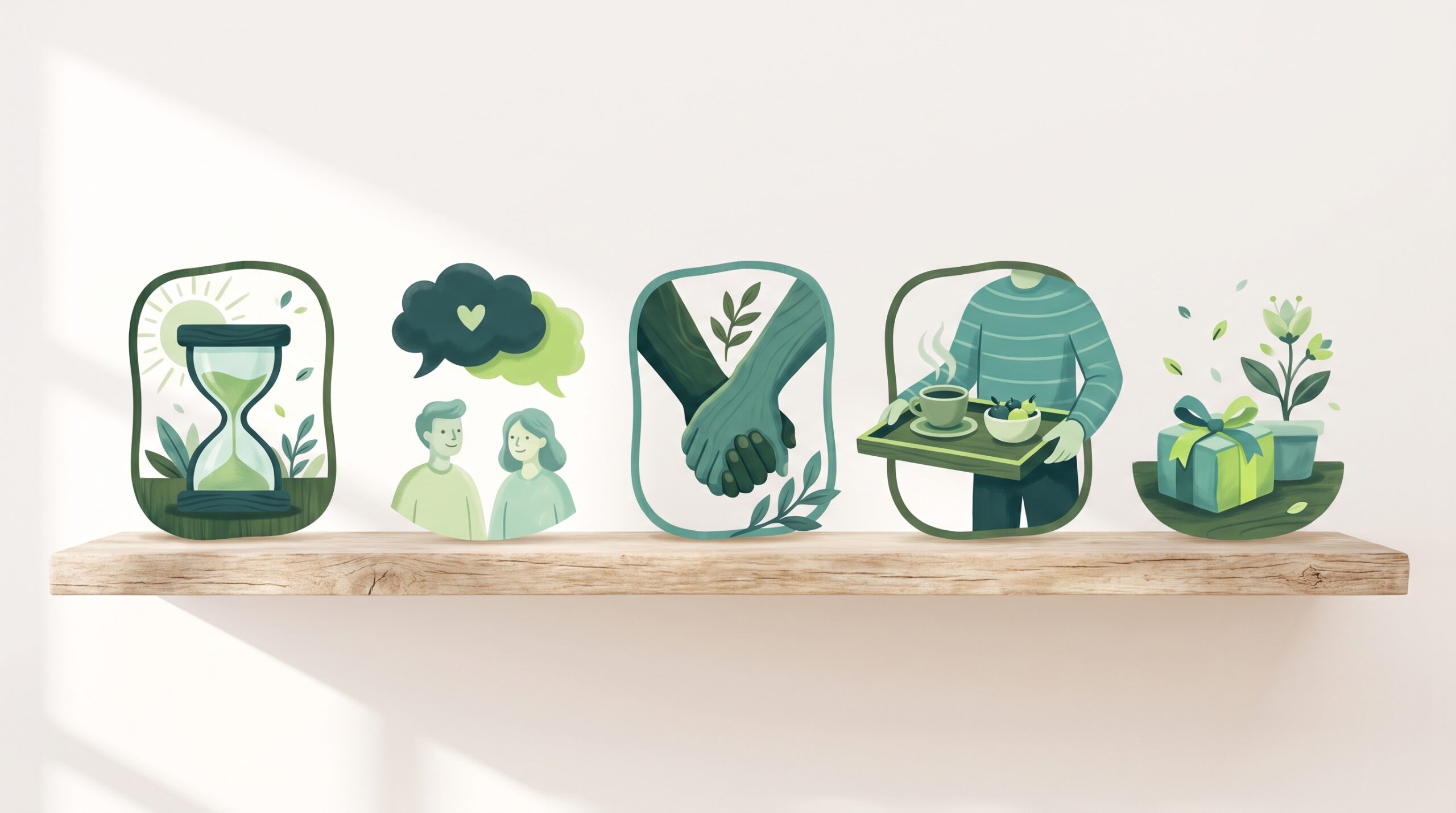 Five small gift-like icons on a shelf