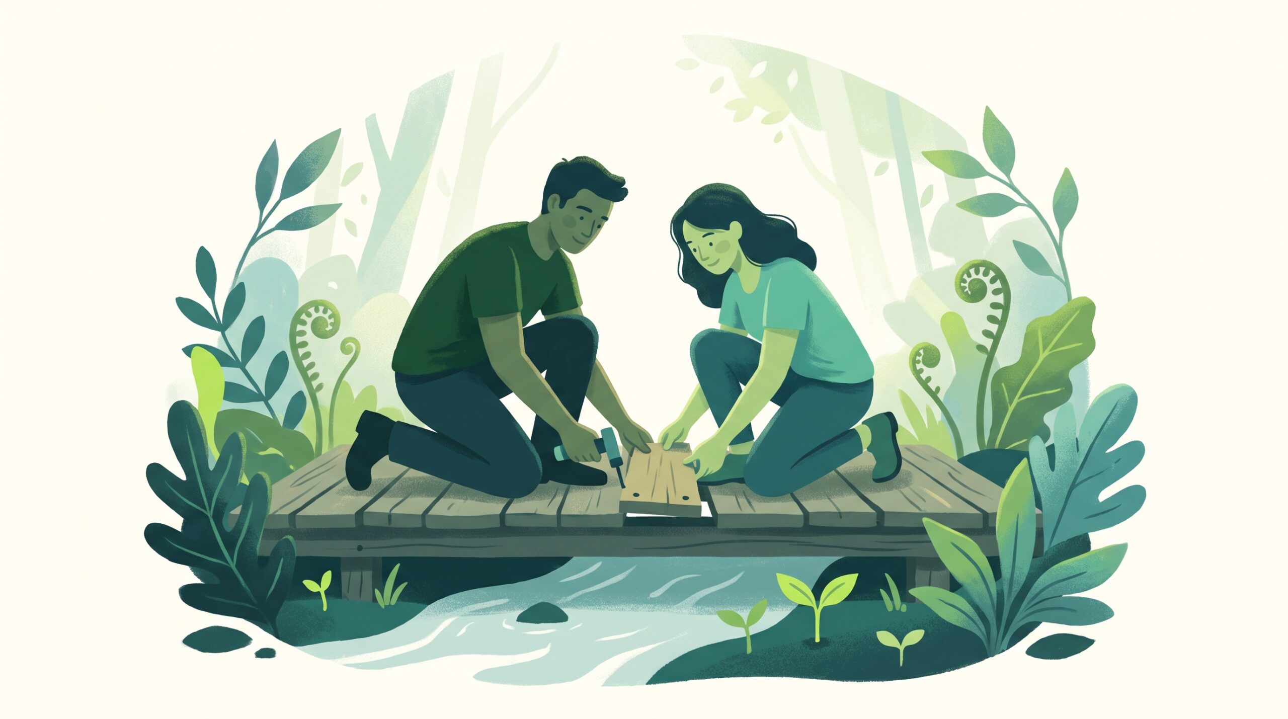 A couple rebuilding a small bridge plank by plank
