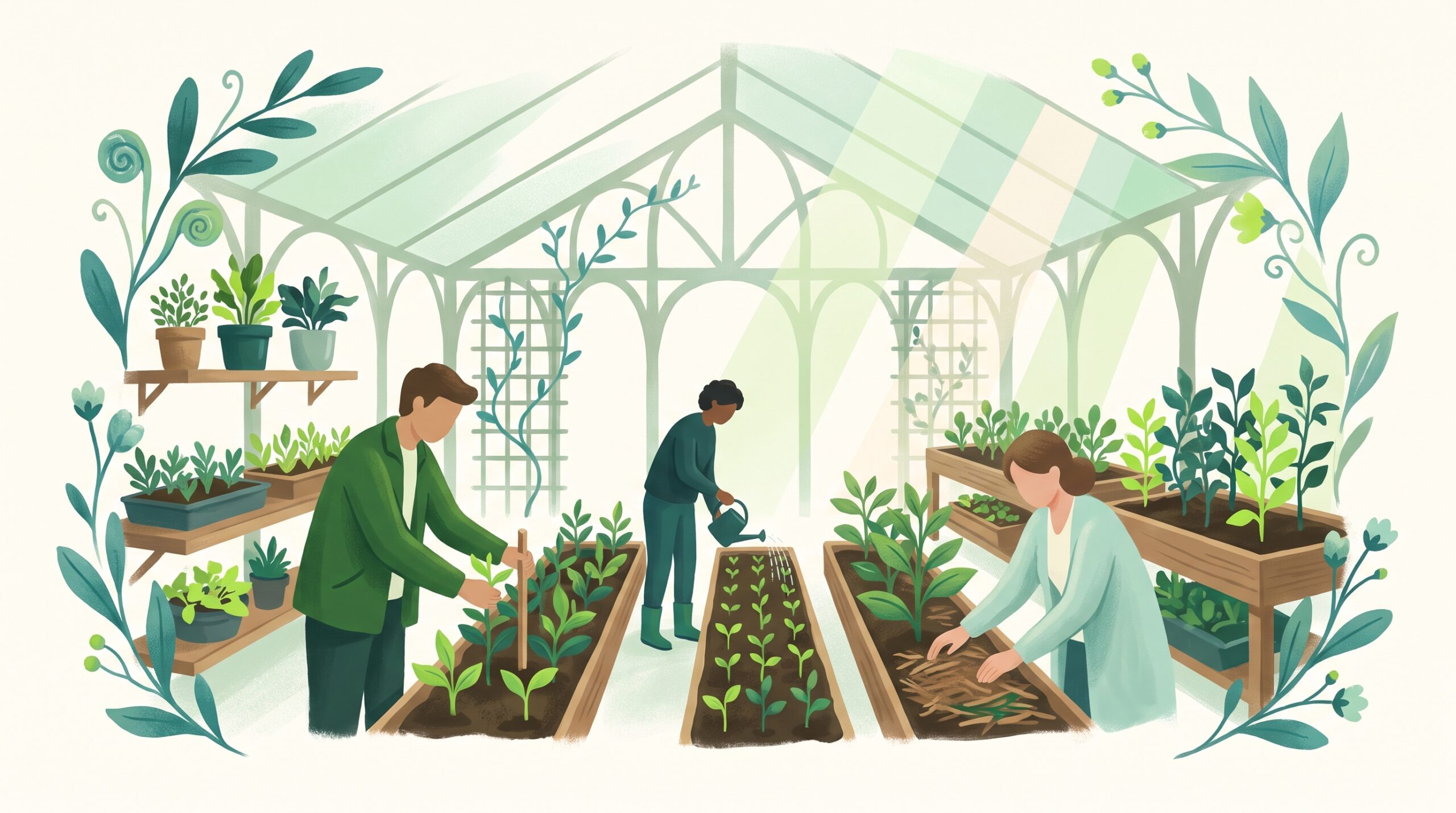 A well-tended greenhouse with staff caring for plants