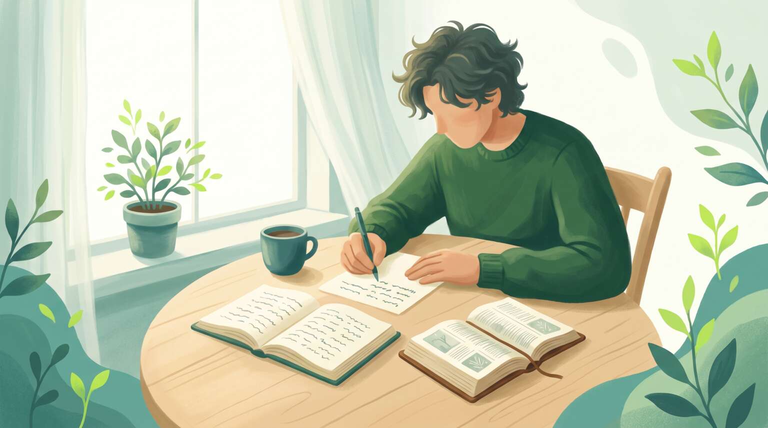 A person writing lines from the Psalms into a journal beside an open Bible in soft morning light