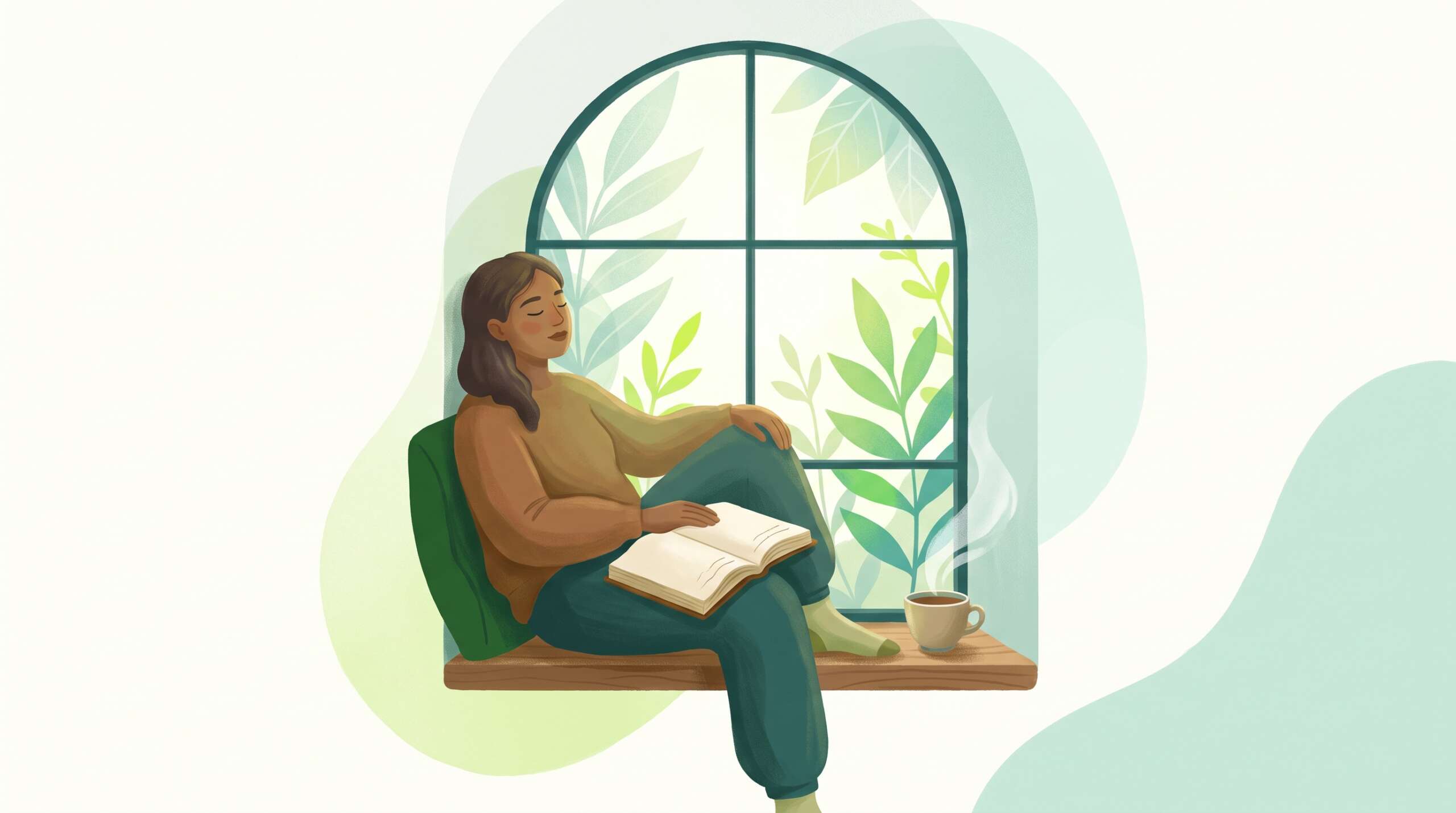 A person praying quietly with a well-worn journal open in their lap by a window