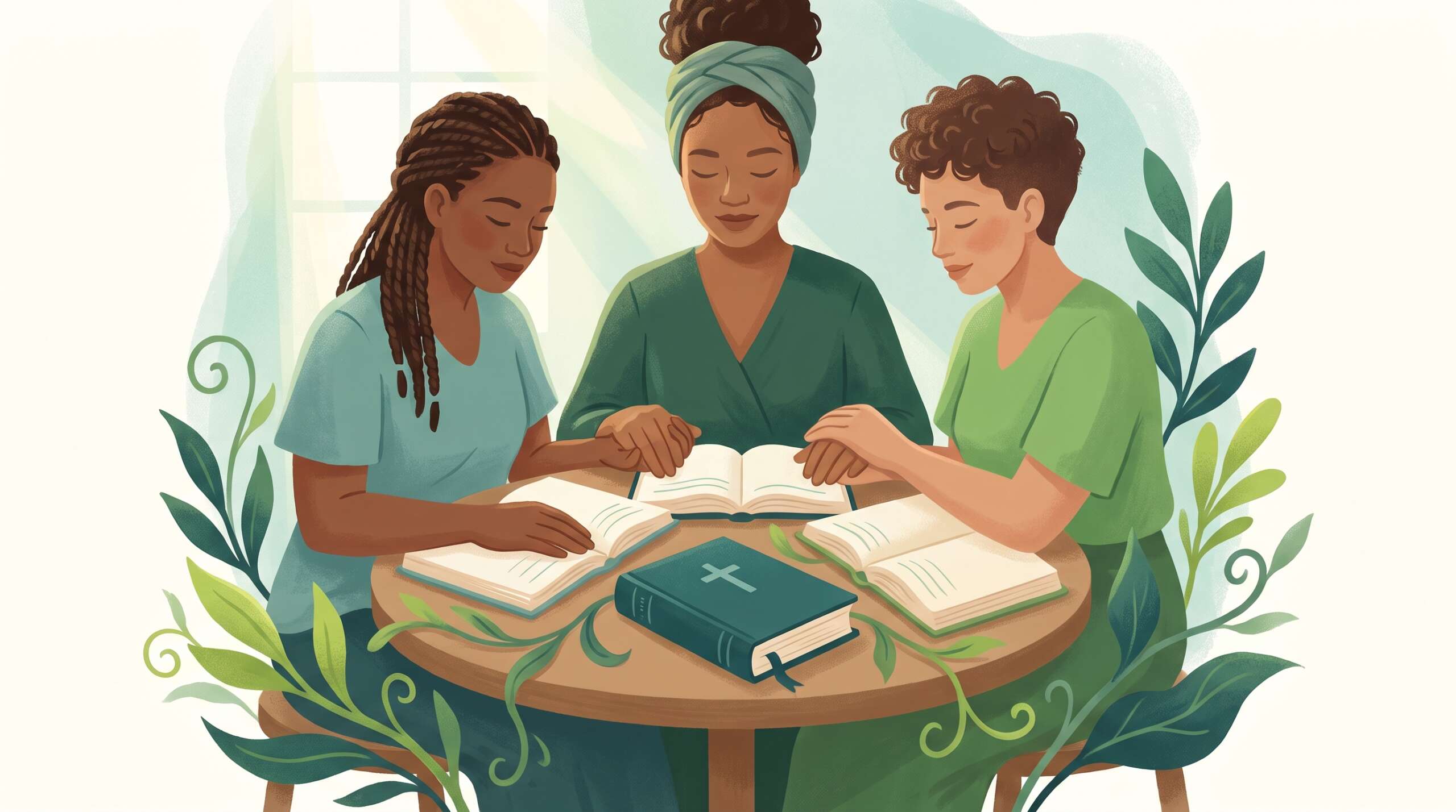 Three friends sitting close together with open journals and a Bible, hands near one another in shared prayer
