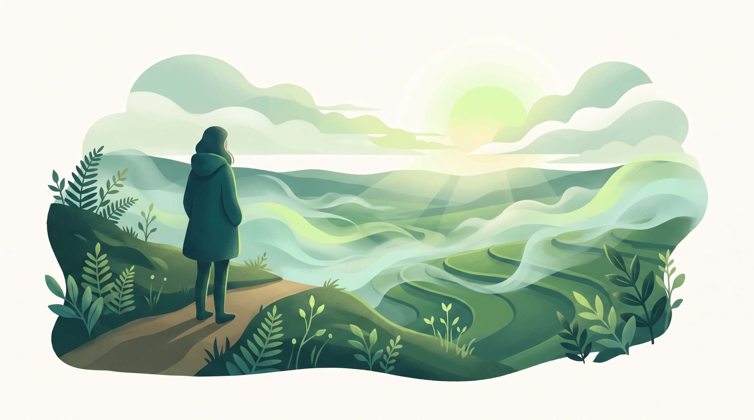 Sunrise breaking over a valley after rain, mist lifting — the pain dulls and life re-widens
