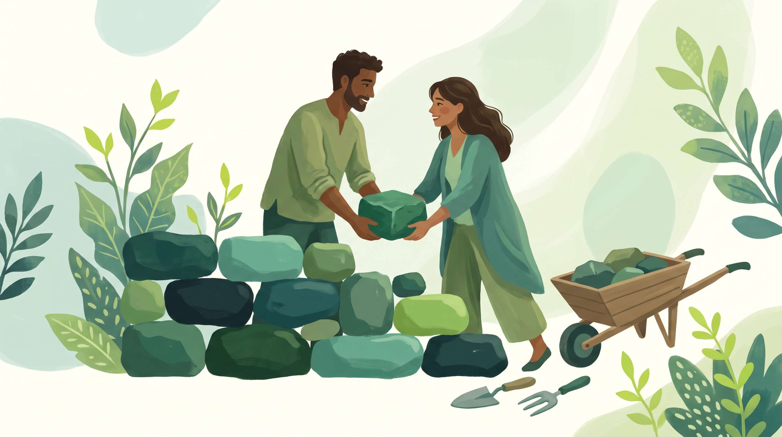 A couple rebuilding a stone wall together, one stone at a time — relationships can recover