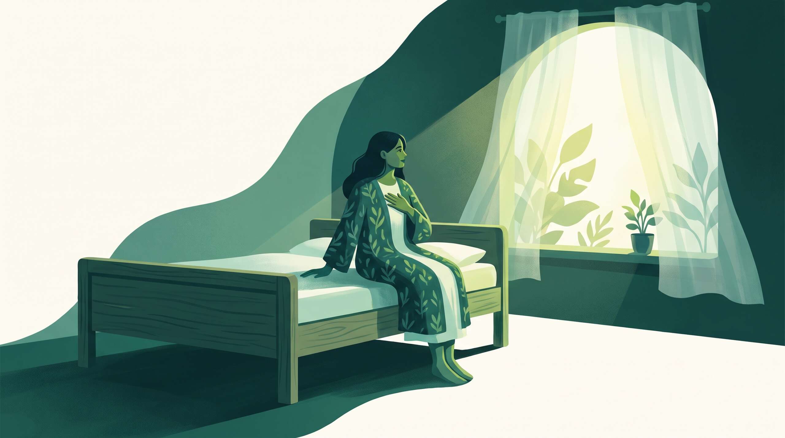 A woman at the edge of a bed at first light, hand over heart — discovery of infidelity is real trauma