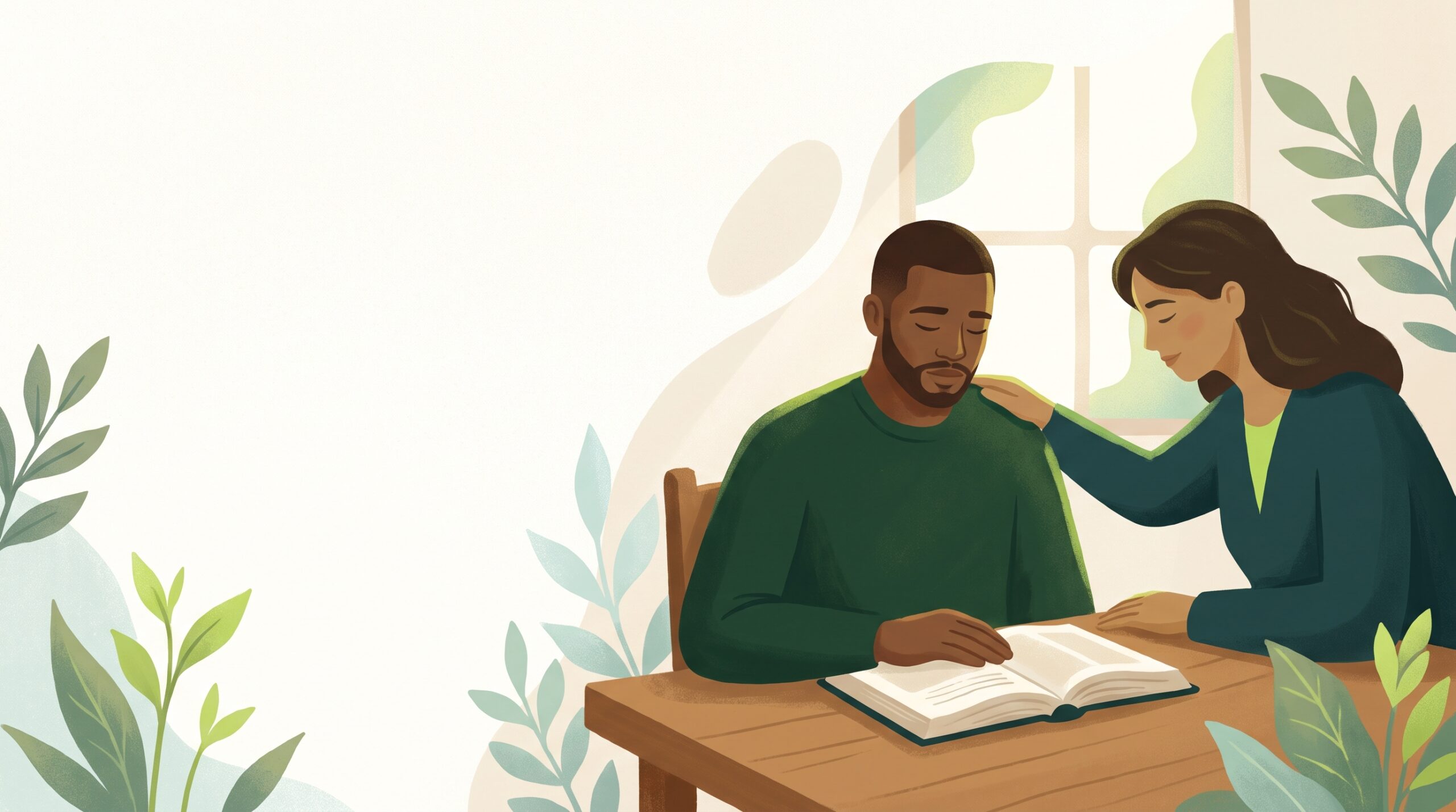 A man praying with a friend's hand on his shoulder
