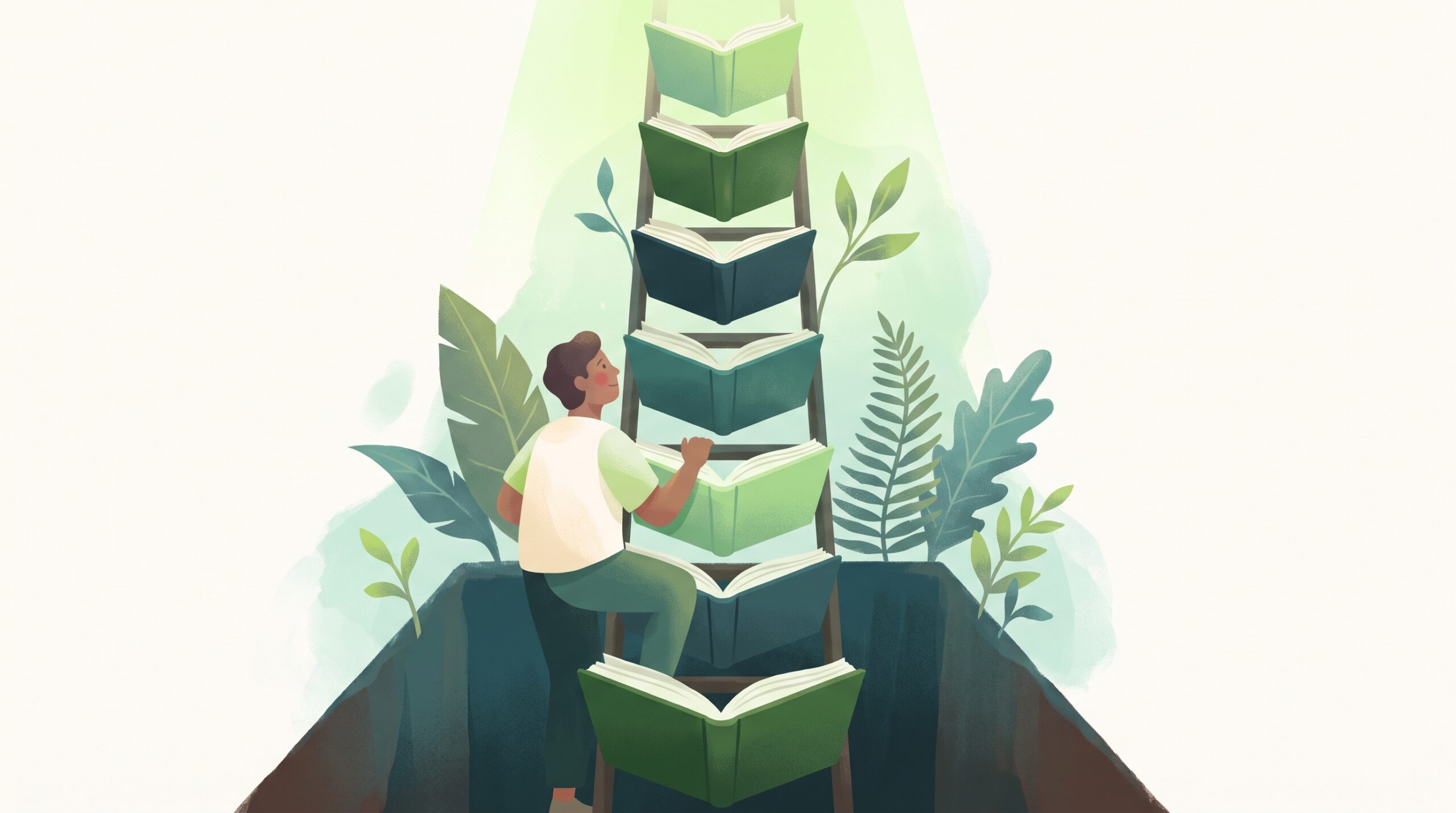A sturdy ladder out of a pit, each rung a book