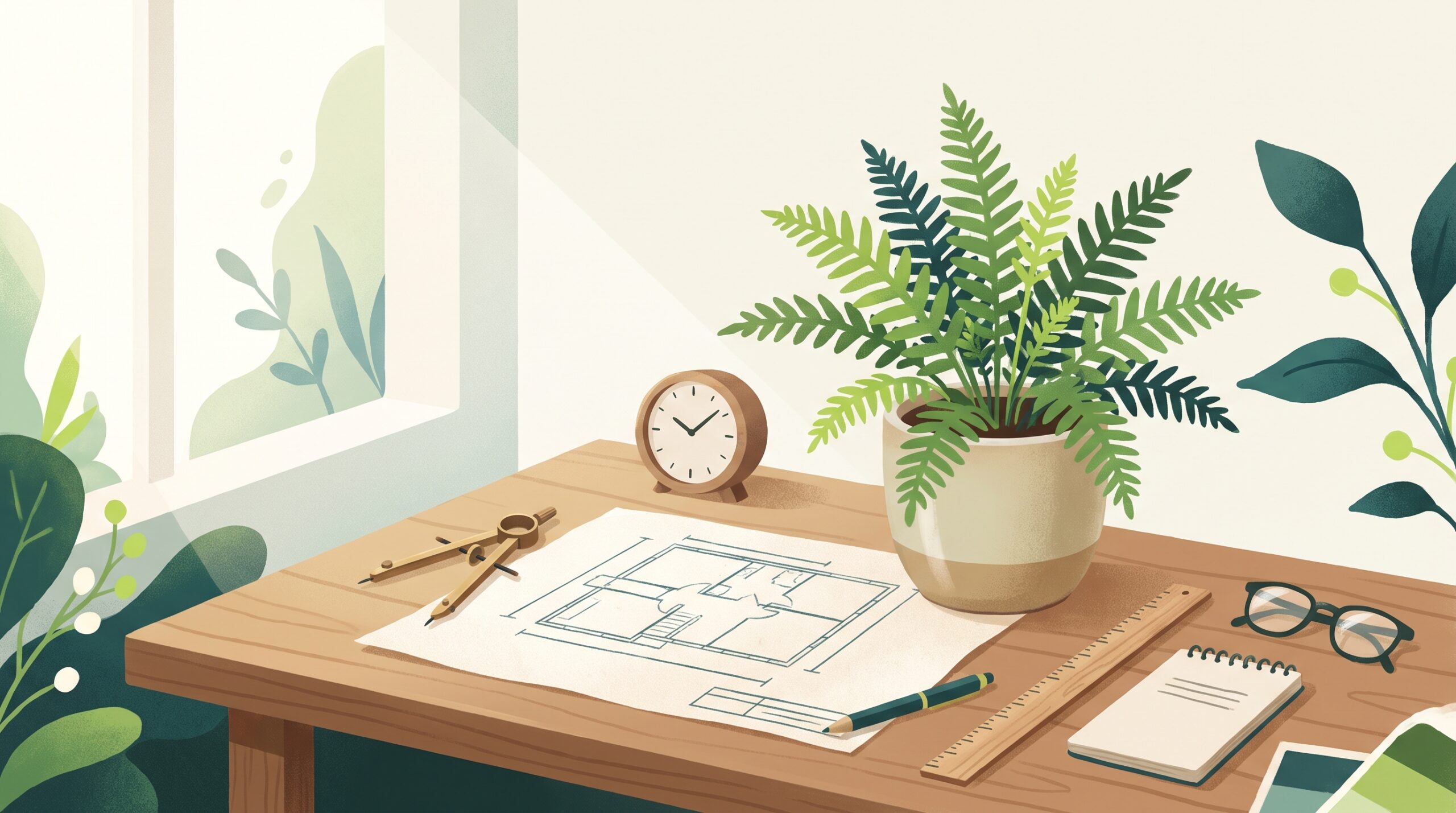 A workbench with plan, compass, and growing plant