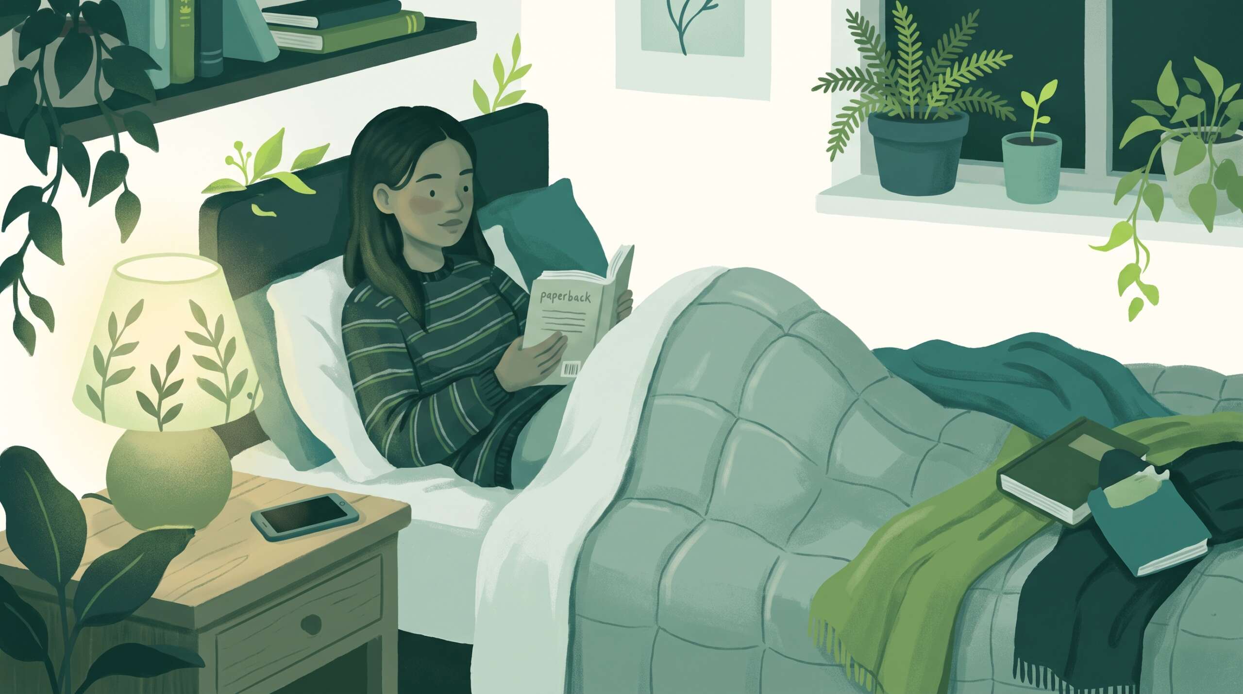A teen's phone face-down on the nightstand while the teen reads a book — any app can be misused; habits protect