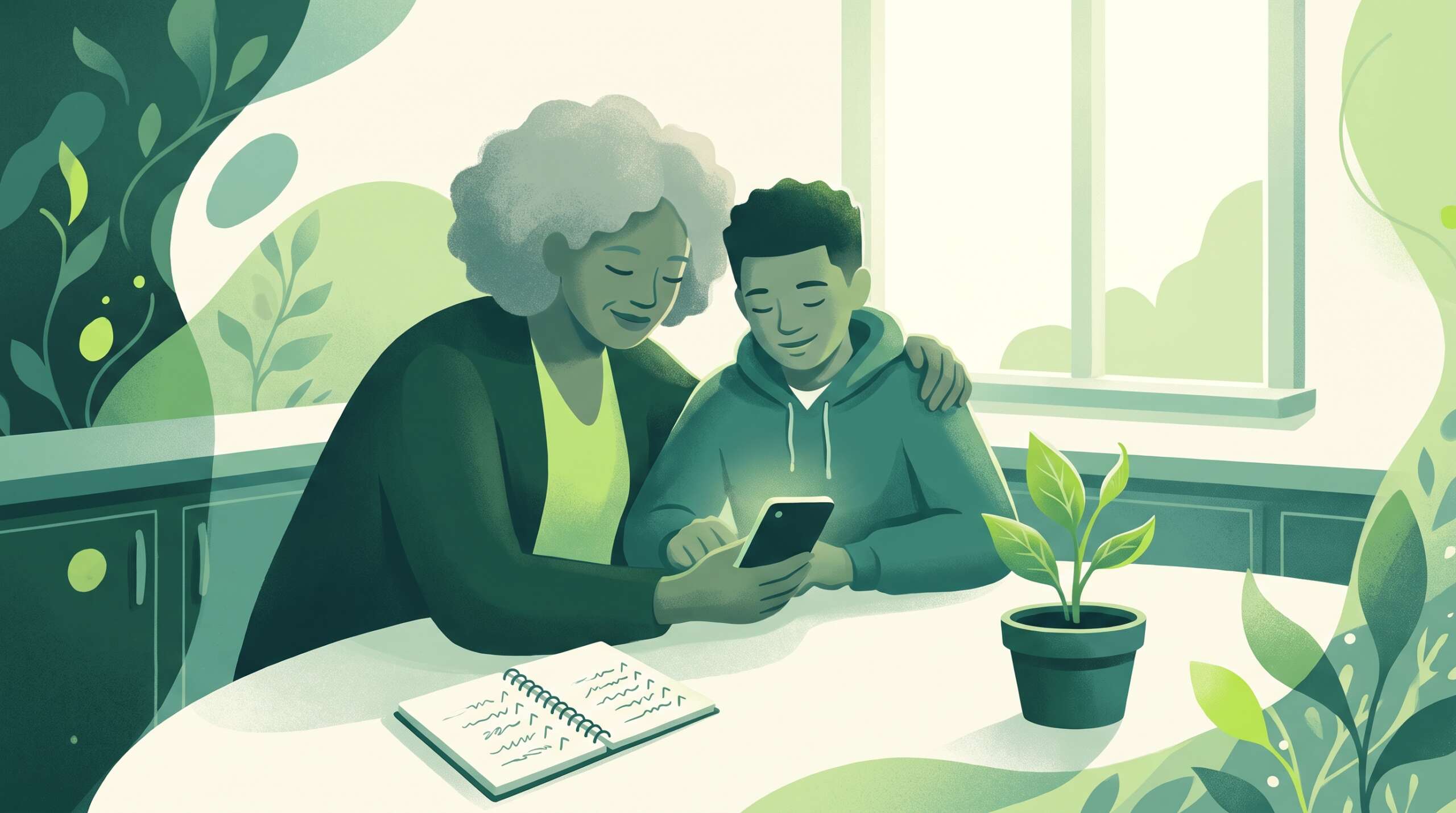 A parent and teen setting up a phone together at the kitchen table — the best options work with the relationship