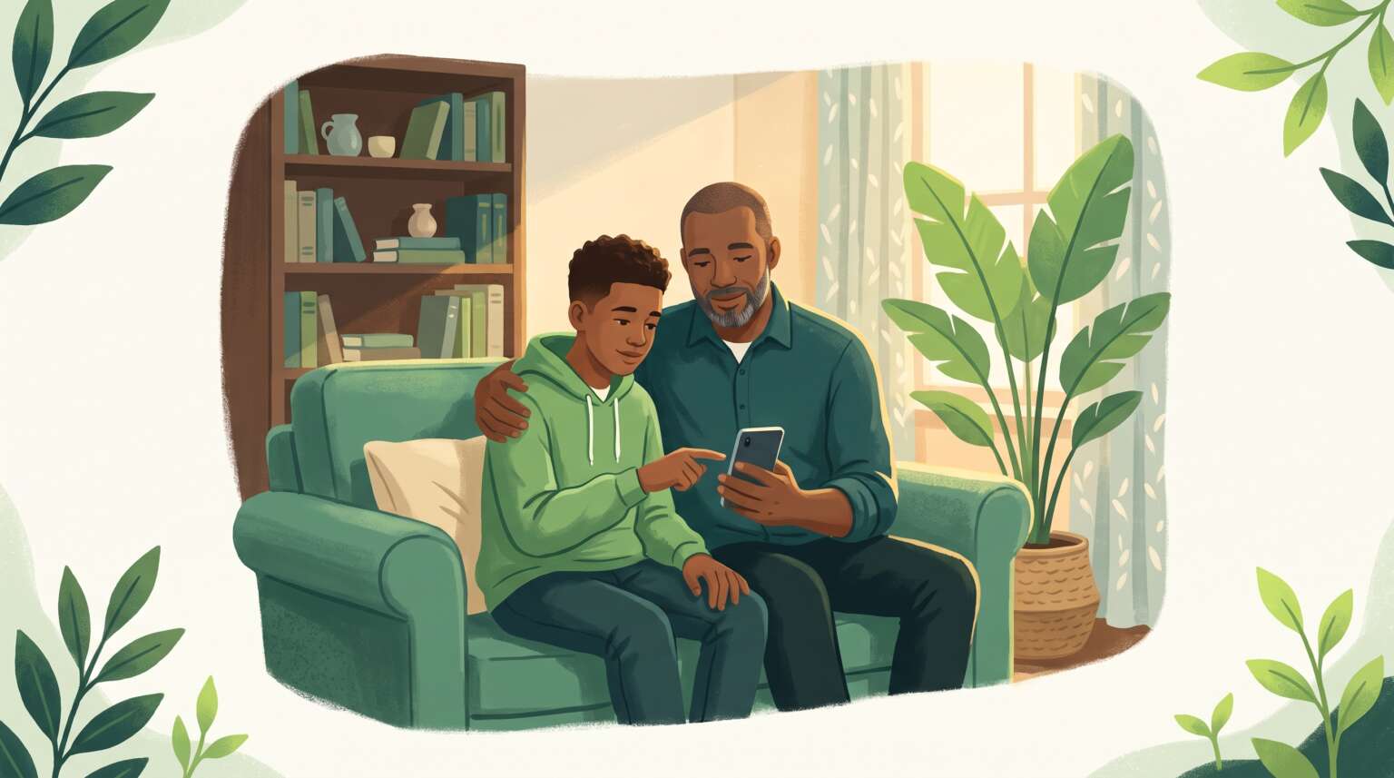 A parent and teenager looking at one smartphone together in warm evening light — accountability and trust around devices