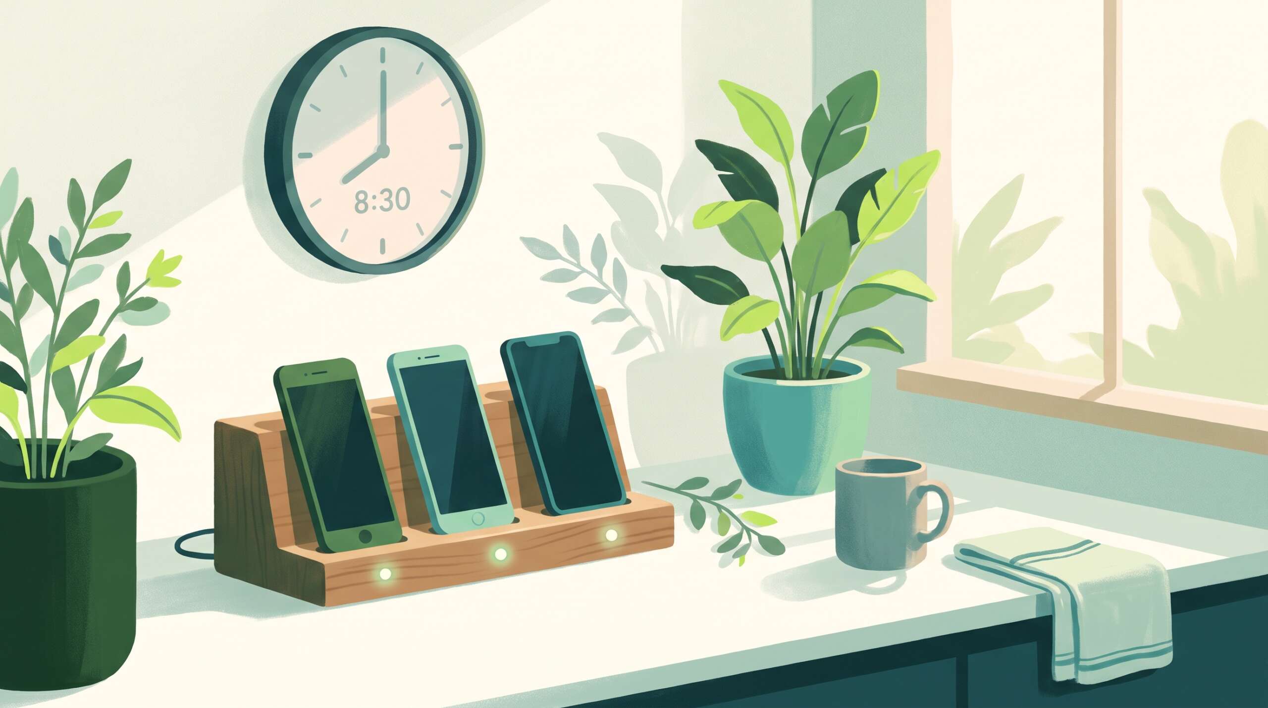A family charging station in the kitchen with three phones docked for the night — rhythms that protect