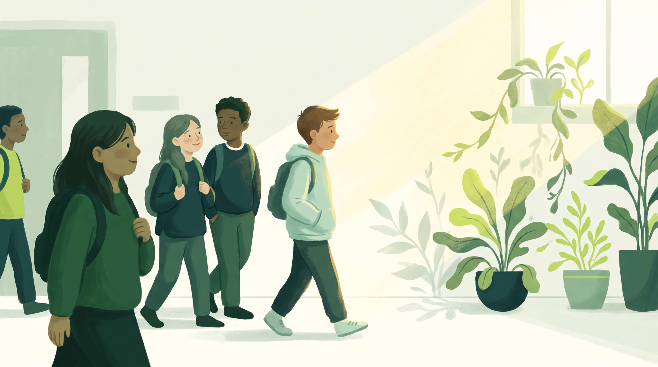 A middle-school hallway of students, one in seven highlighted by warm light — how common sexting is