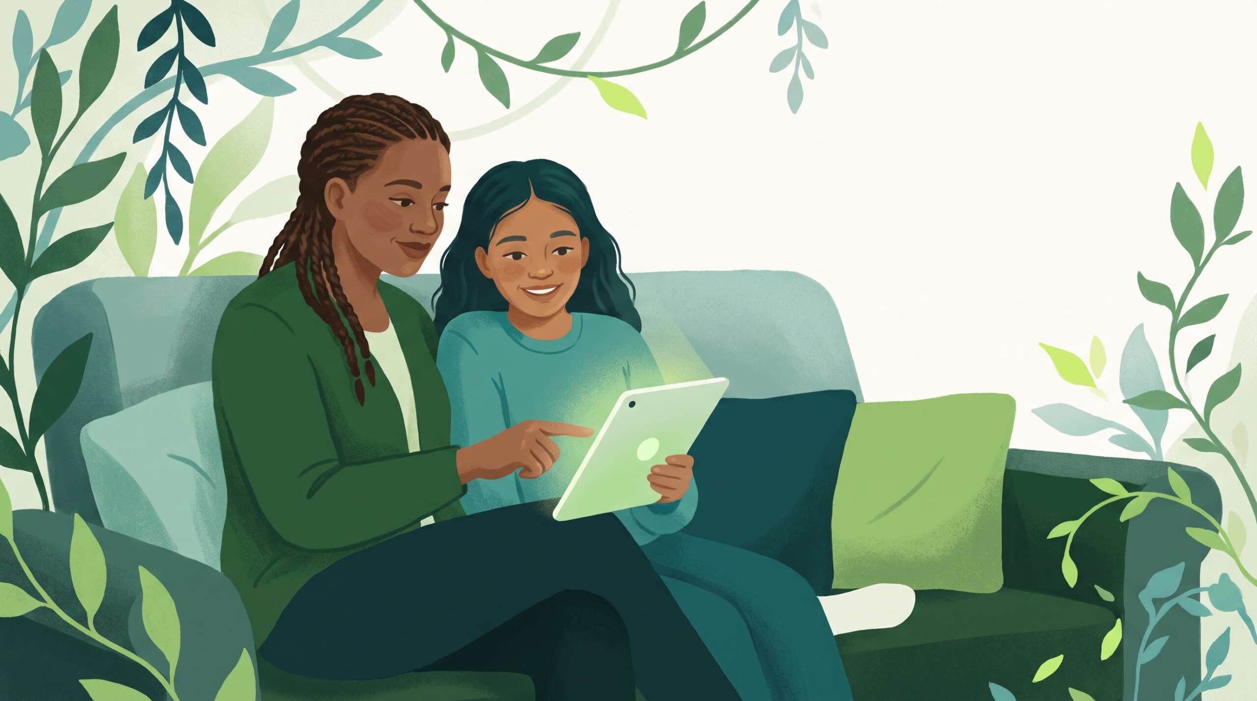 A parent and teen scrolling one tablet together on the couch — setting controls inside social apps together