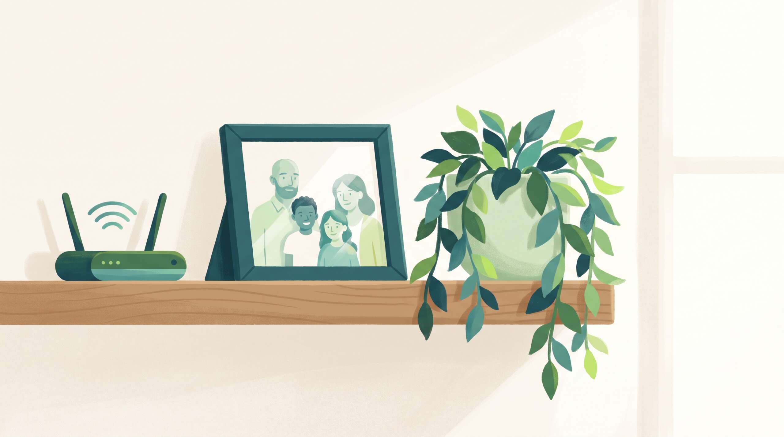 A family router on a shelf beside a family photo and a plant — the types of parental-control options