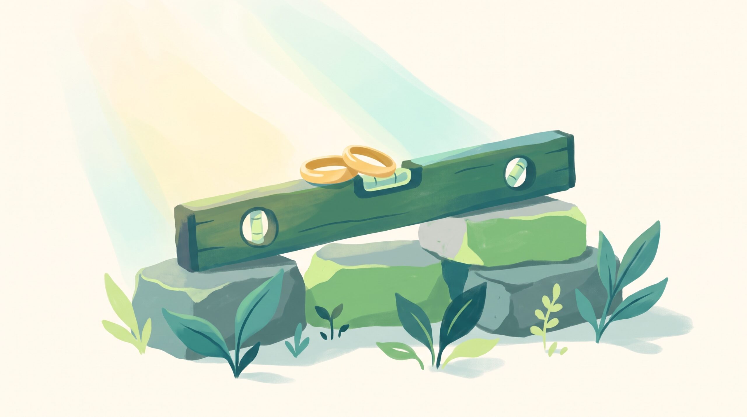 Two rings resting on a builder's level
