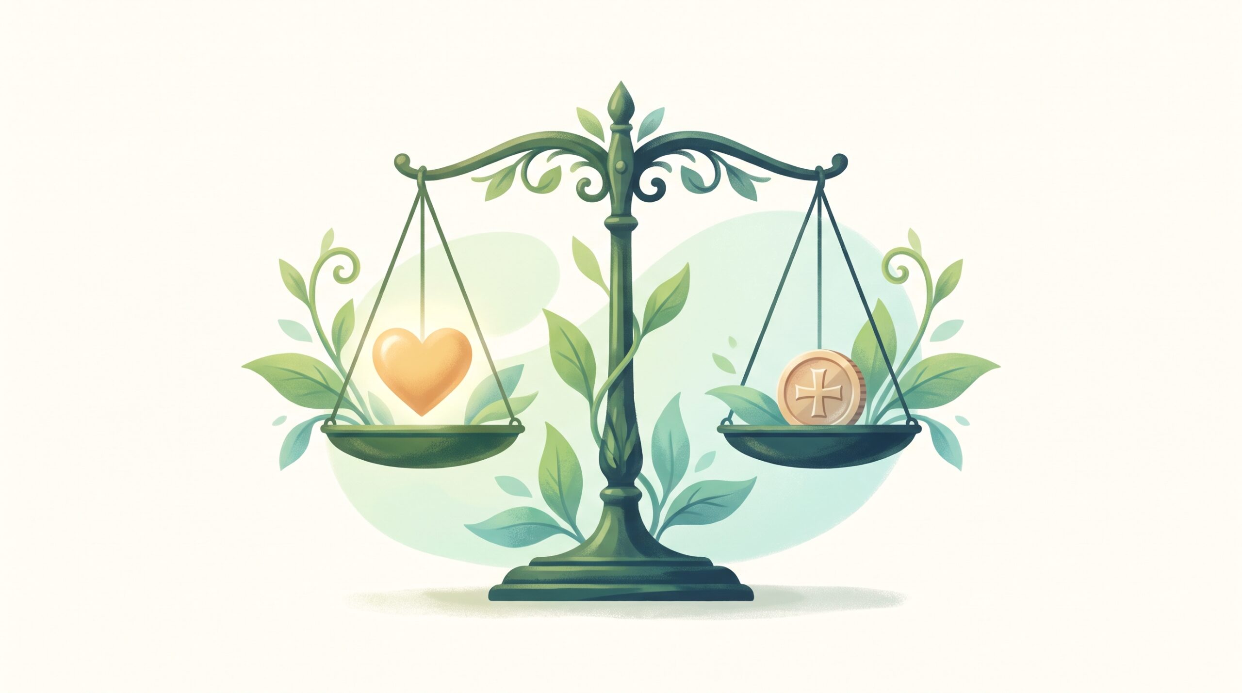 Balanced scales with a heart and a coin, fair and transparent pricing