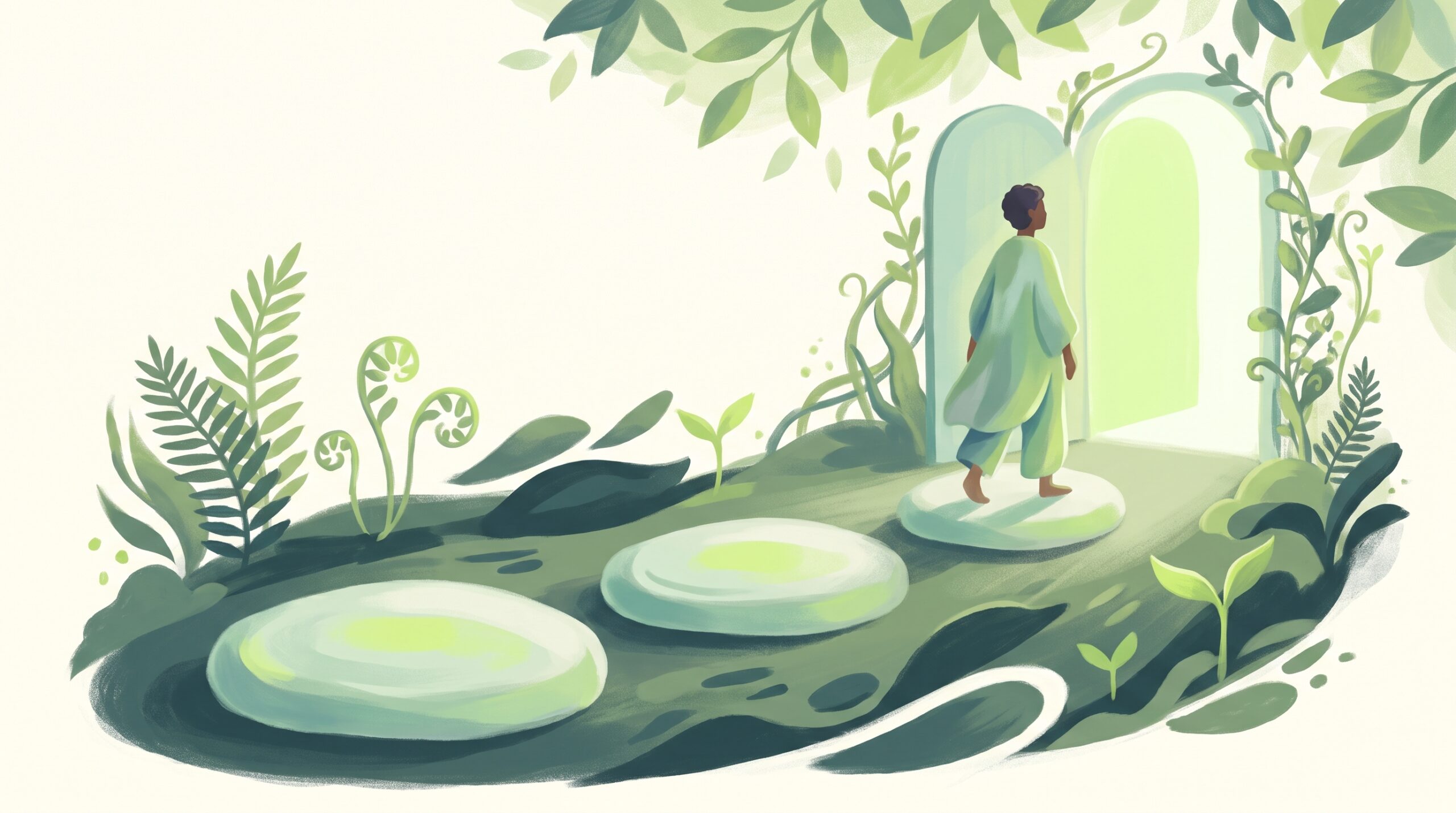 A clear path with numbered stepping stones toward a bright doorway