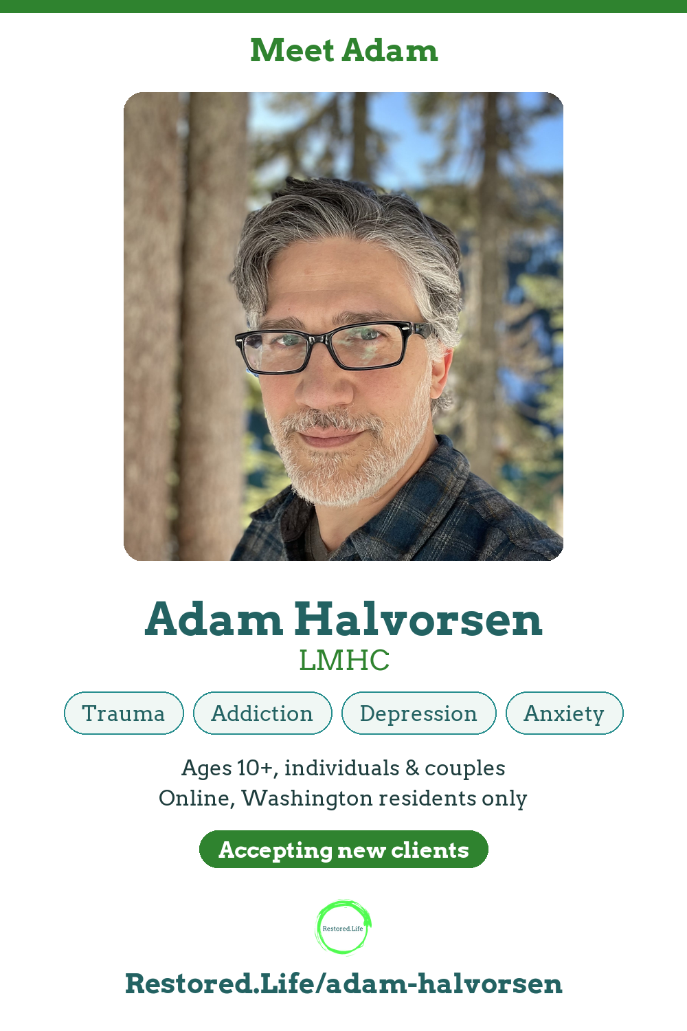 Adam Halvorsen, LMHC — Trauma, addiction, depression, anxiety — Restored Life Counseling