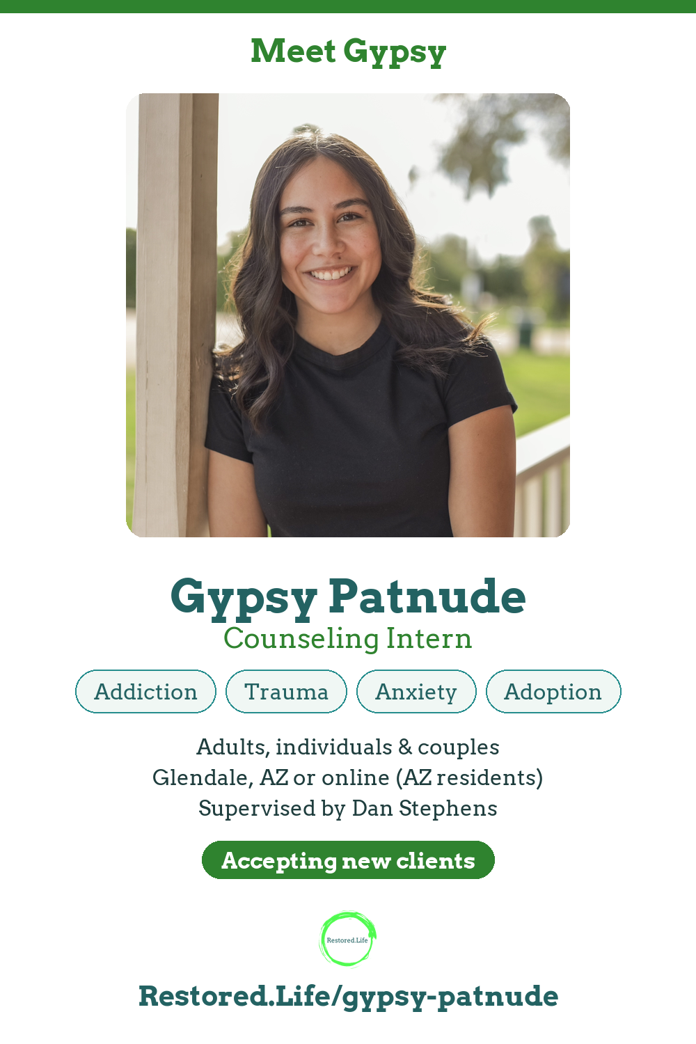 Gypsy Patnude, Counseling Intern — Addiction, trauma, anxiety, adoption — Restored Life Counseling