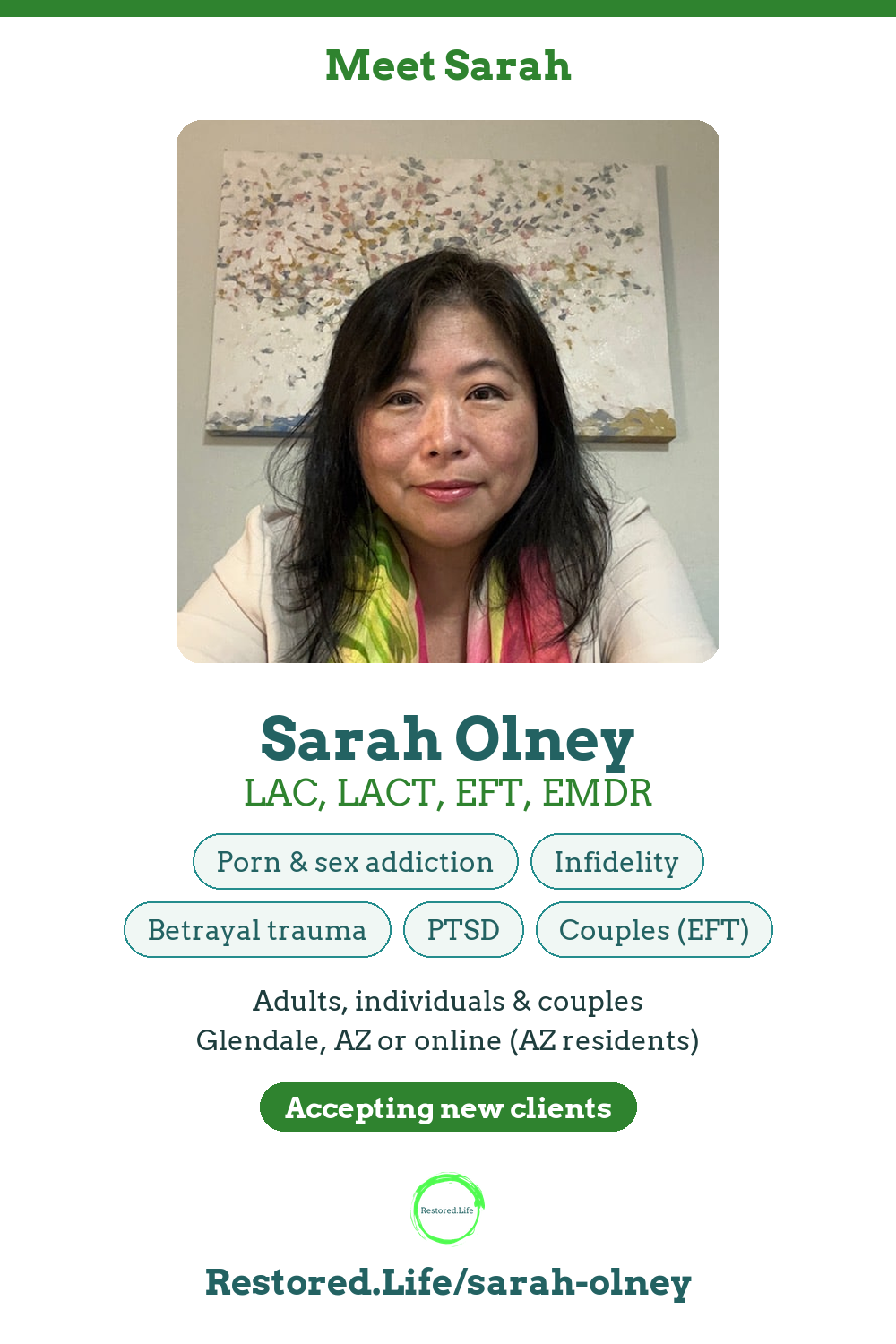 Sarah Olney, LAC, LACT, EFT, EMDR — Porn & sex addiction, infidelity, betrayal trauma, PTSD, couples (EFT) — Restored Life Counseling